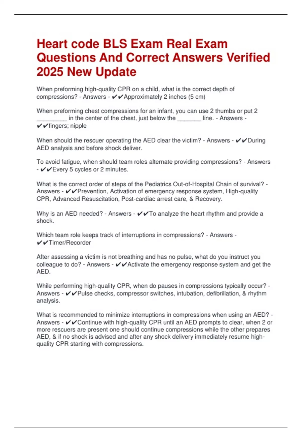 Heart code BLS Exam Real Exam Questions And Correct Answers Verified ...