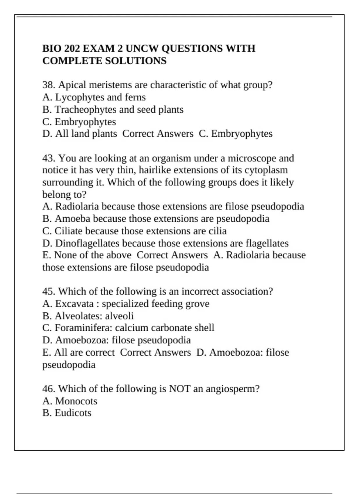 BIO 202 EXAM 2 UNCW QUESTIONS WITH COMPLETE SOLUTIONS - BIO 202 - Stuvia US