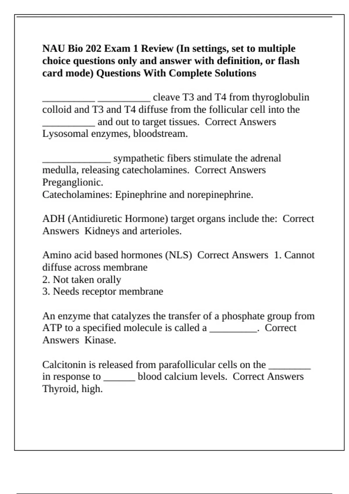 NAU Bio 202 Exam 1 Review (In settings, set to multiple choice ...