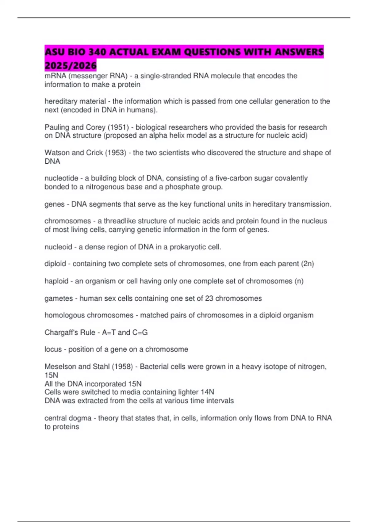 ASU BIO 340 ACTUAL EXAM QUESTIONS WITH ANSWERS 2025/2026 - ASU BIO 340 ...