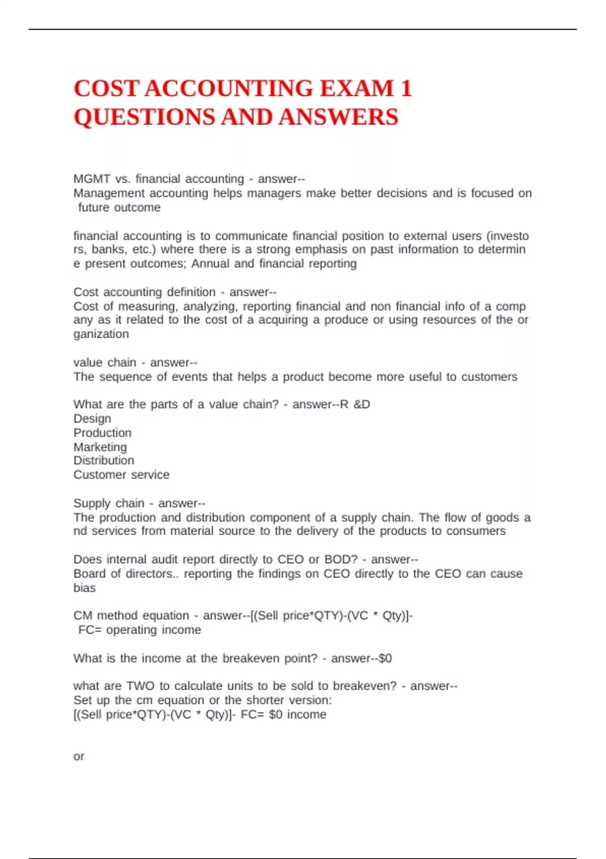 COST ACCOUNTING EXAM 1 QUESTIONS AND ANSWERS - Cost accounting - Stuvia US