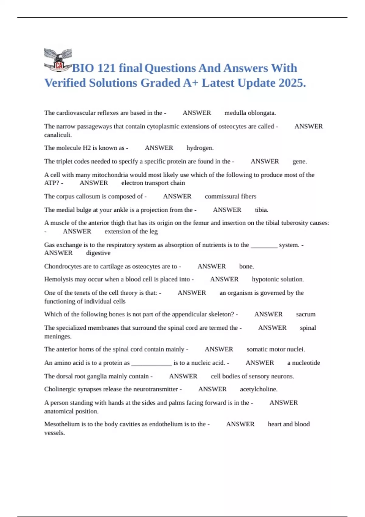 BIO 121 final Questions And Answers With Verified Solutions Graded A+ ...