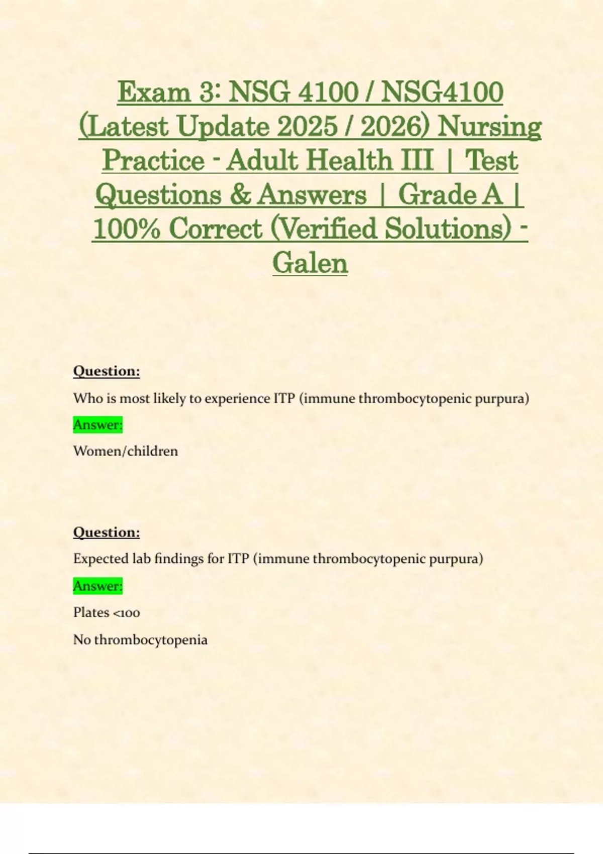 Exam 3: NSG 4100 / NSG4100 (Latest Update 2025 / 2026) Nursing Practice ...