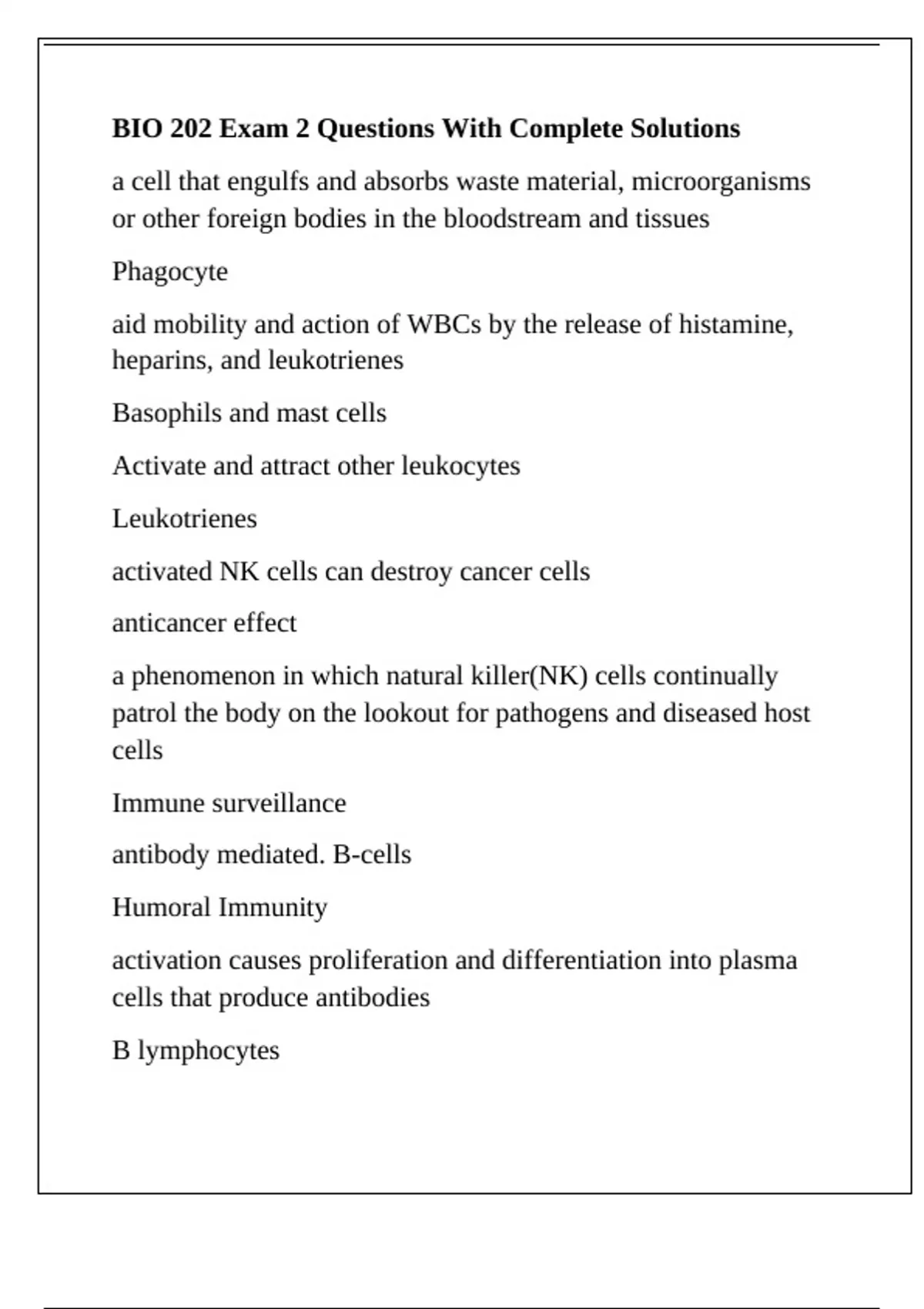 BIO 202 Exam 2 Questions With Complete Solutions - BIO 202 - Stuvia US