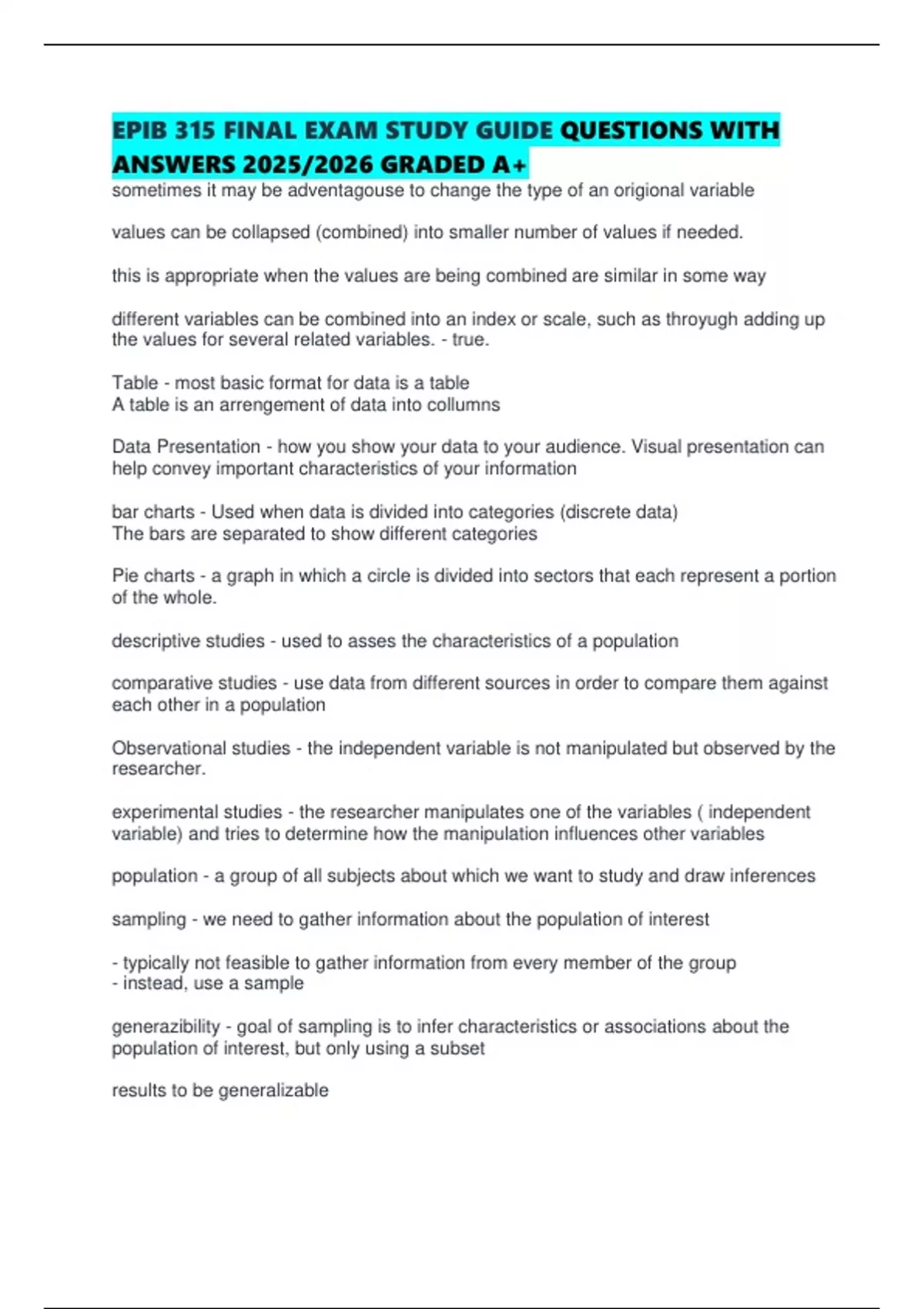 EPIB 315 FINAL EXAM STUDY GUIDE QUESTIONS WITH ANSWERS 2025/2026 GRADED ...