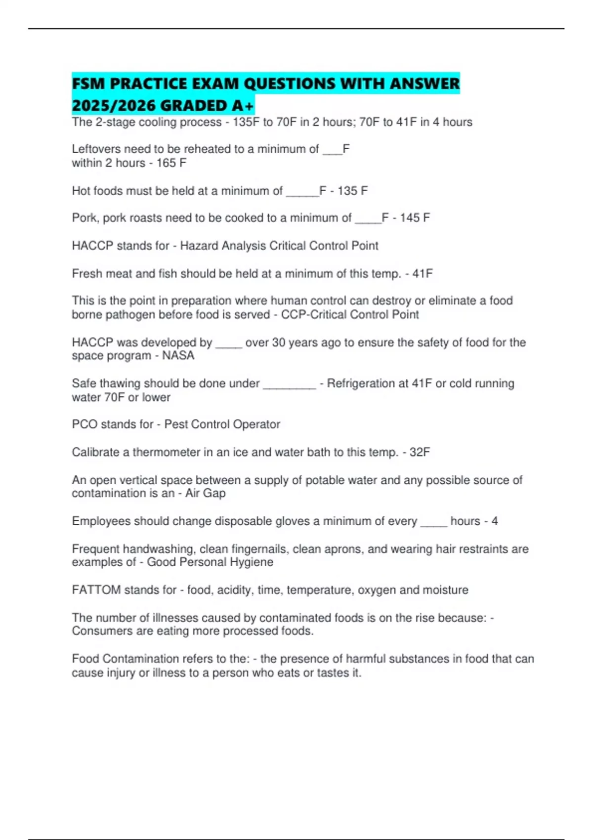 Fsm Example Question FSM PRACTICE EXAM QUESTIONS WITH ANSWER 2025/2026 GRADED A+ - FSMA 300 ...