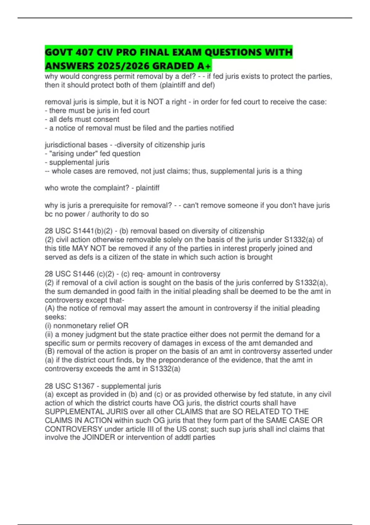 GOVT 407 CIV PRO FINAL EXAM QUESTIONS WITH ANSWERS 2025/2026 GRADED A+ ...