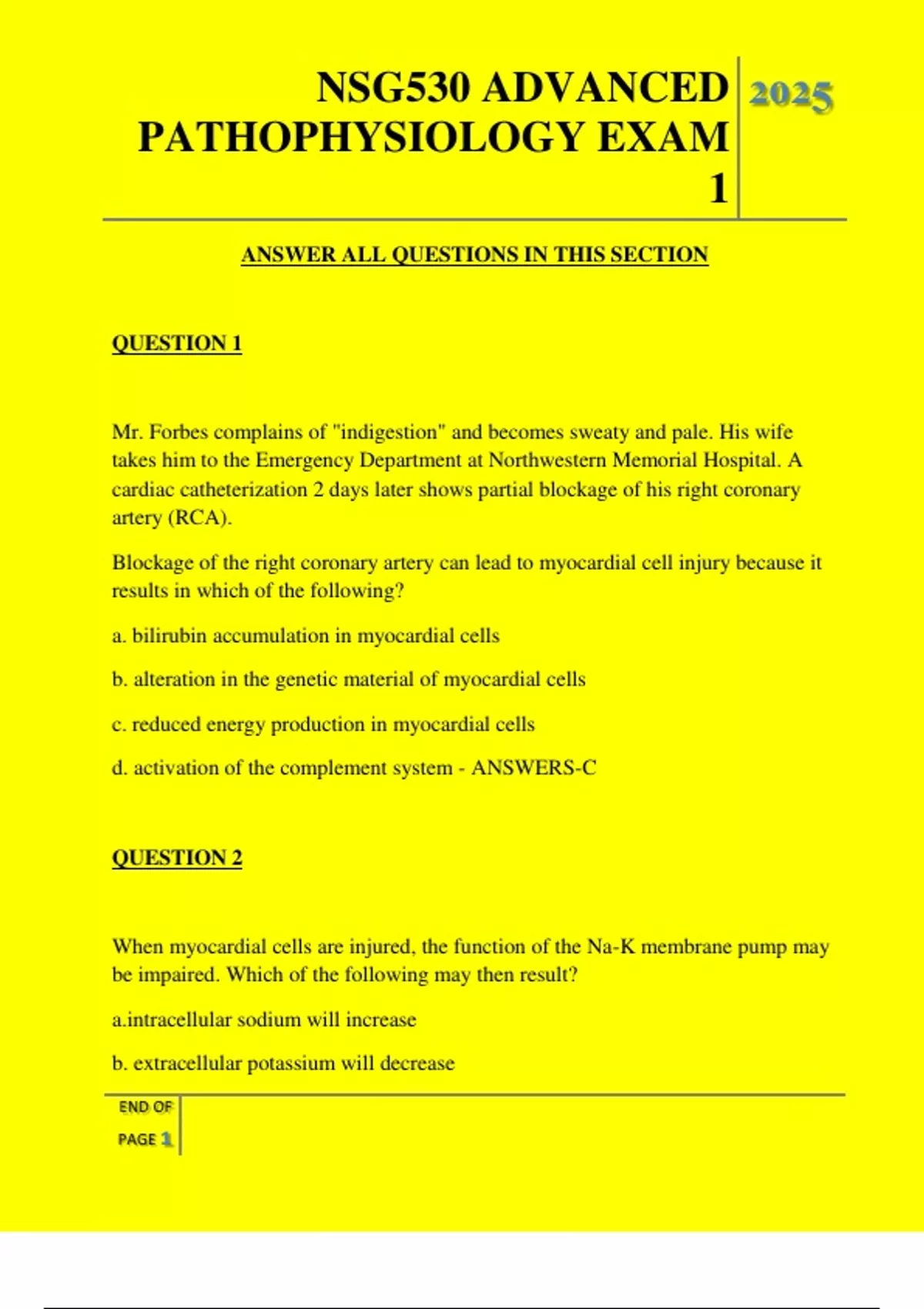 NSG530 ADVANCED PATHOPHYSIOLOGY EXAM 1 QUESTIONS AND ANSWERS 2025 ...