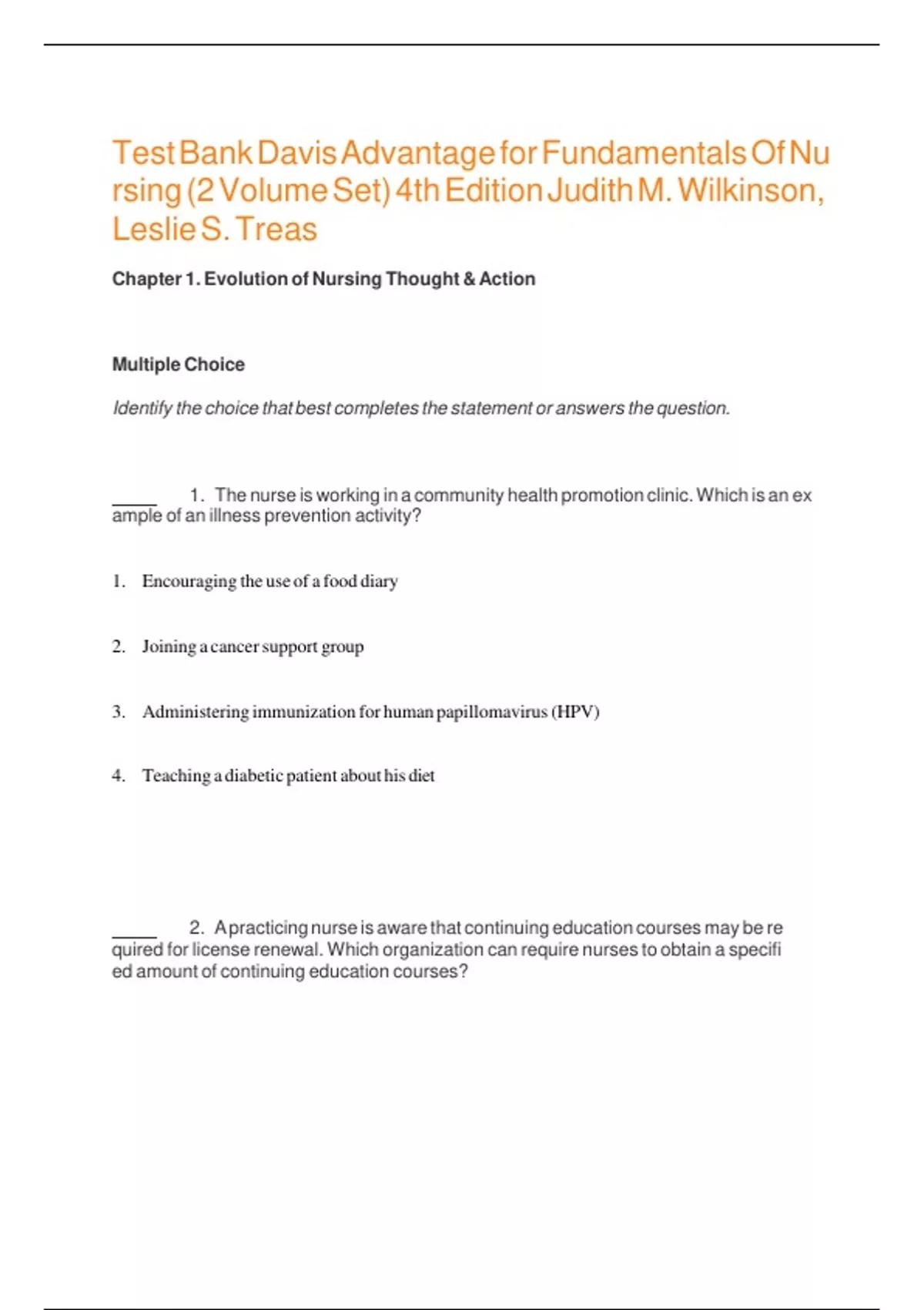 Davis Advantage For Fundamentals Of Nursing Test Bank
