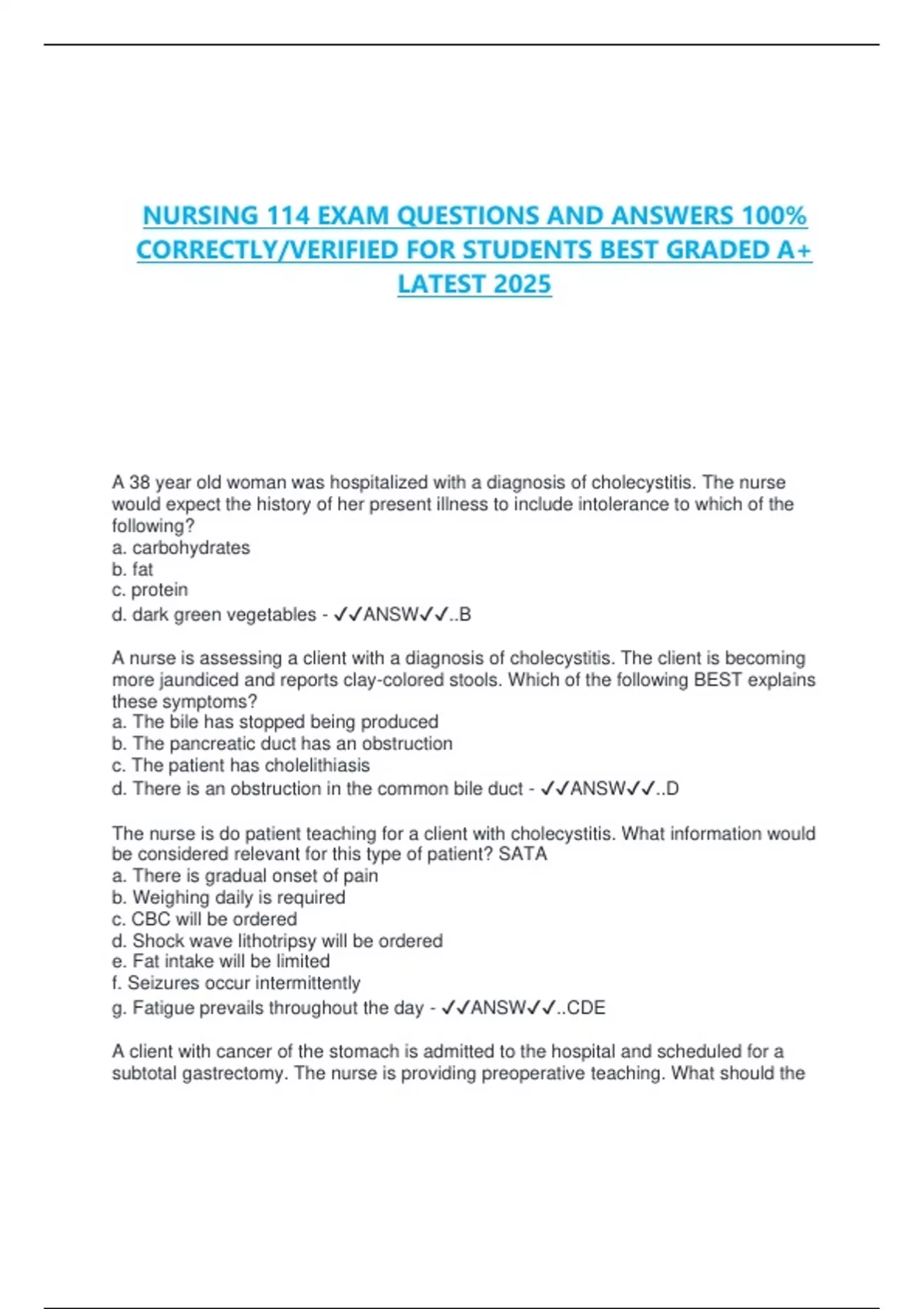 NURSING 114 EXAM QUESTIONS AND ANSWERS 100% CORRECTLY/VERIFIED FOR ...
