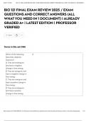 BIO 121 FINAL EXAM REVIEW 2025 &sol; EXAM QUESTIONS AND CORRECT ANSWERS &lpar;ALL WHAT YOU NEED IN 1 DOCUMENT&rpar; &vert; ALREADY GRADED A&plus; &vert; LATEST EDITION &vert; PROFESSOR VERIFIED