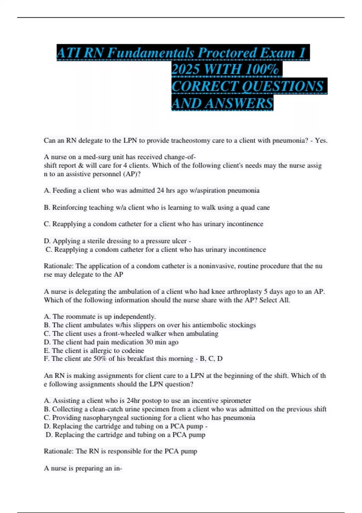 ATI RN Fundamentals Proctored Exam 1 2025 WITH 100% CORRECT QUESTIONS ...