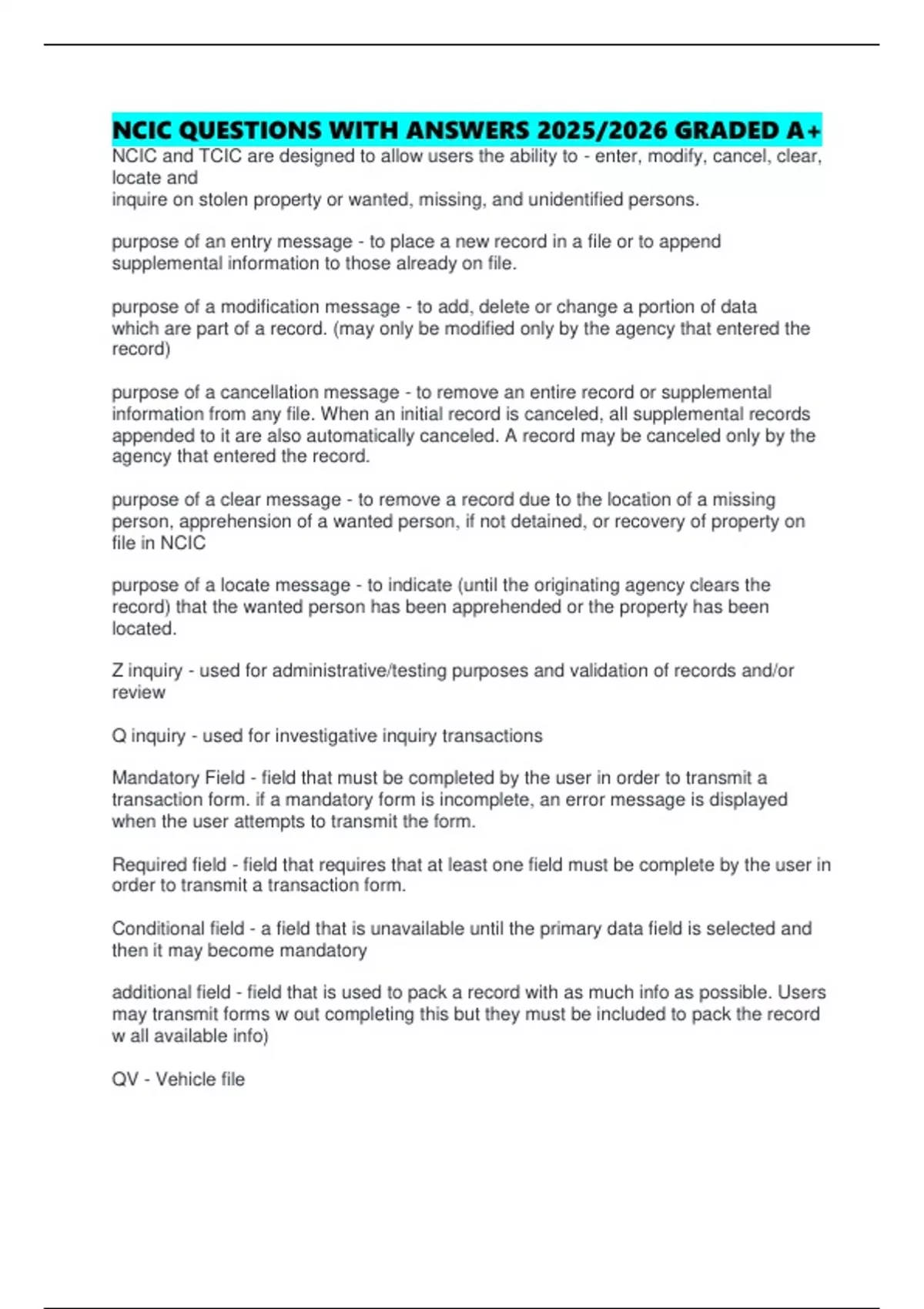 NCIC QUESTIONS WITH ANSWERS 2025/2026 GRADED A+ - Ncic tcic - Stuvia US