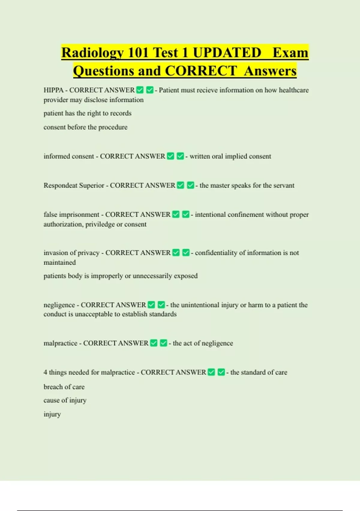 Radiology 101 Test 1 UPDATED Exam Questions and CORRECT Answers ...