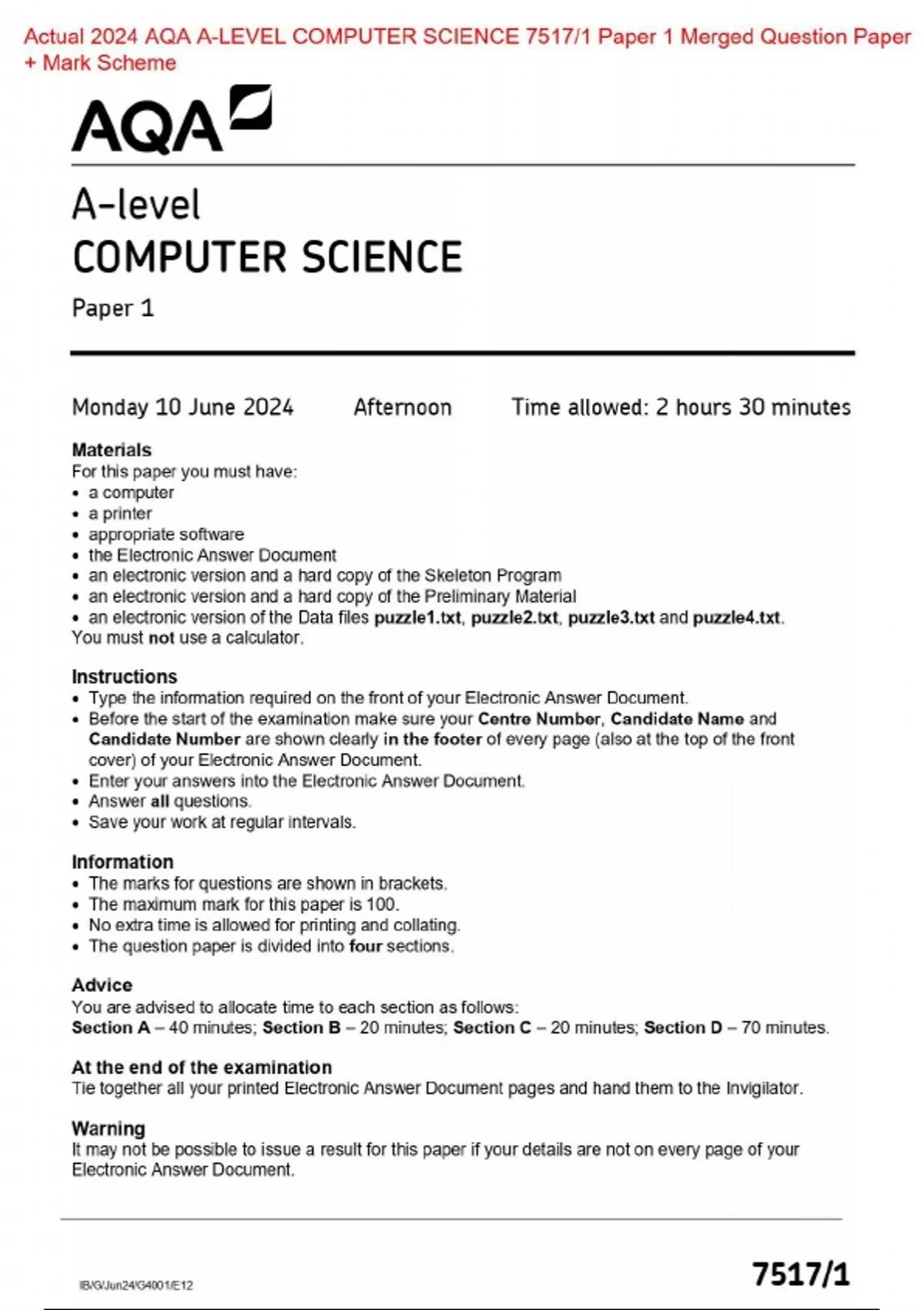 Actual 2024 AQA A-LEVEL COMPUTER SCIENCE 7517/1 Paper 1 Merged Question ...