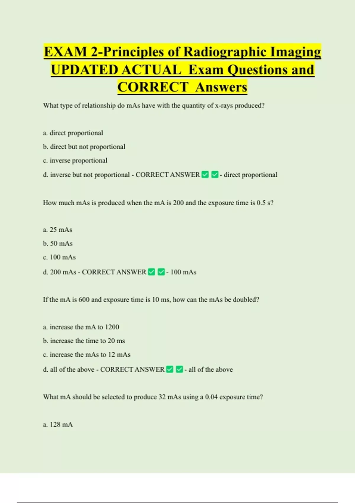 EXAM 2-Principles of Radiographic Imaging UPDATED ACTUAL Exam Questions ...