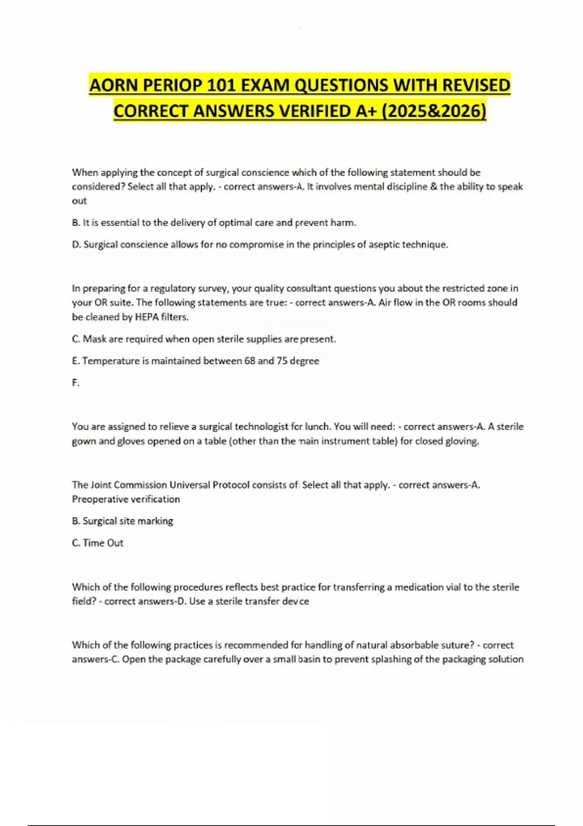 AORN PERIOP 101 EXAM QUESTIONS WITH REVISED CORRECT ANSWERS VERIFIED A+ ...