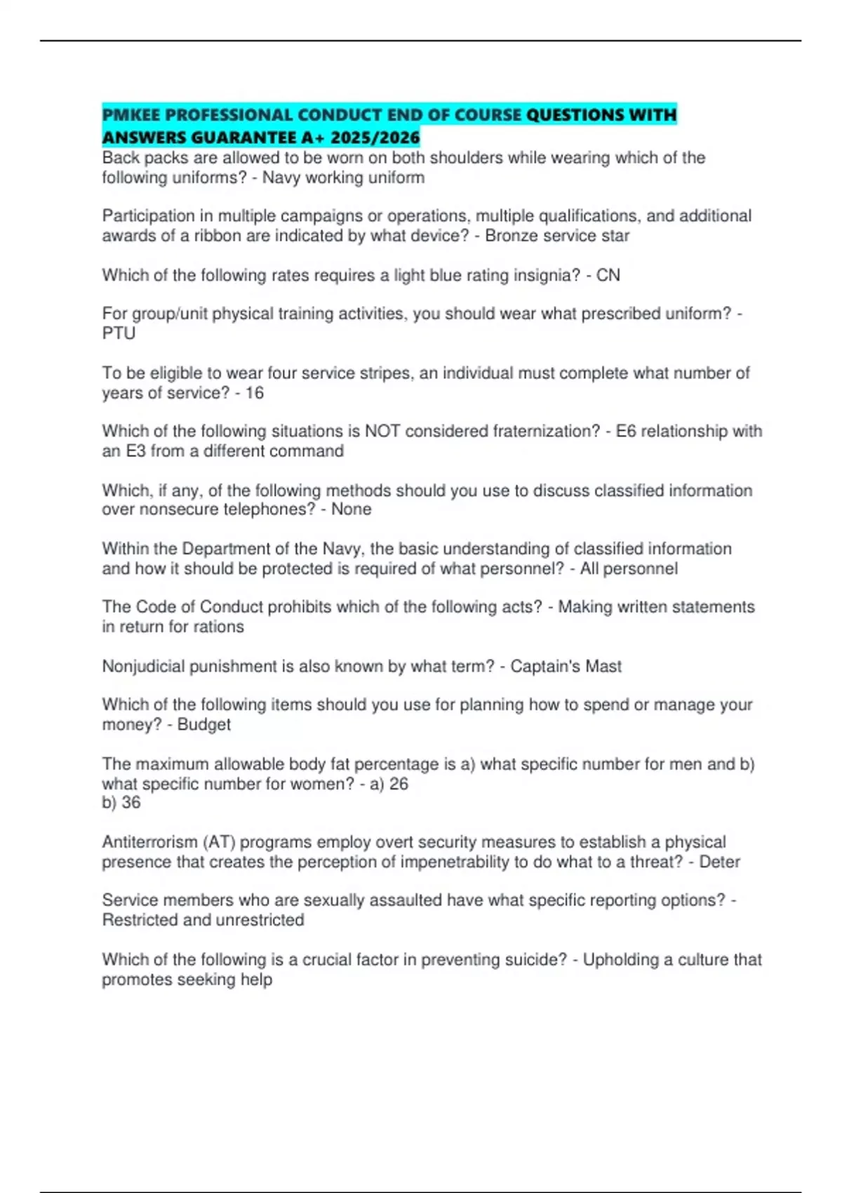 PMKEE PROFESSIONAL CONDUCT END OF COURSE QUESTIONS WITH ANSWERS ...