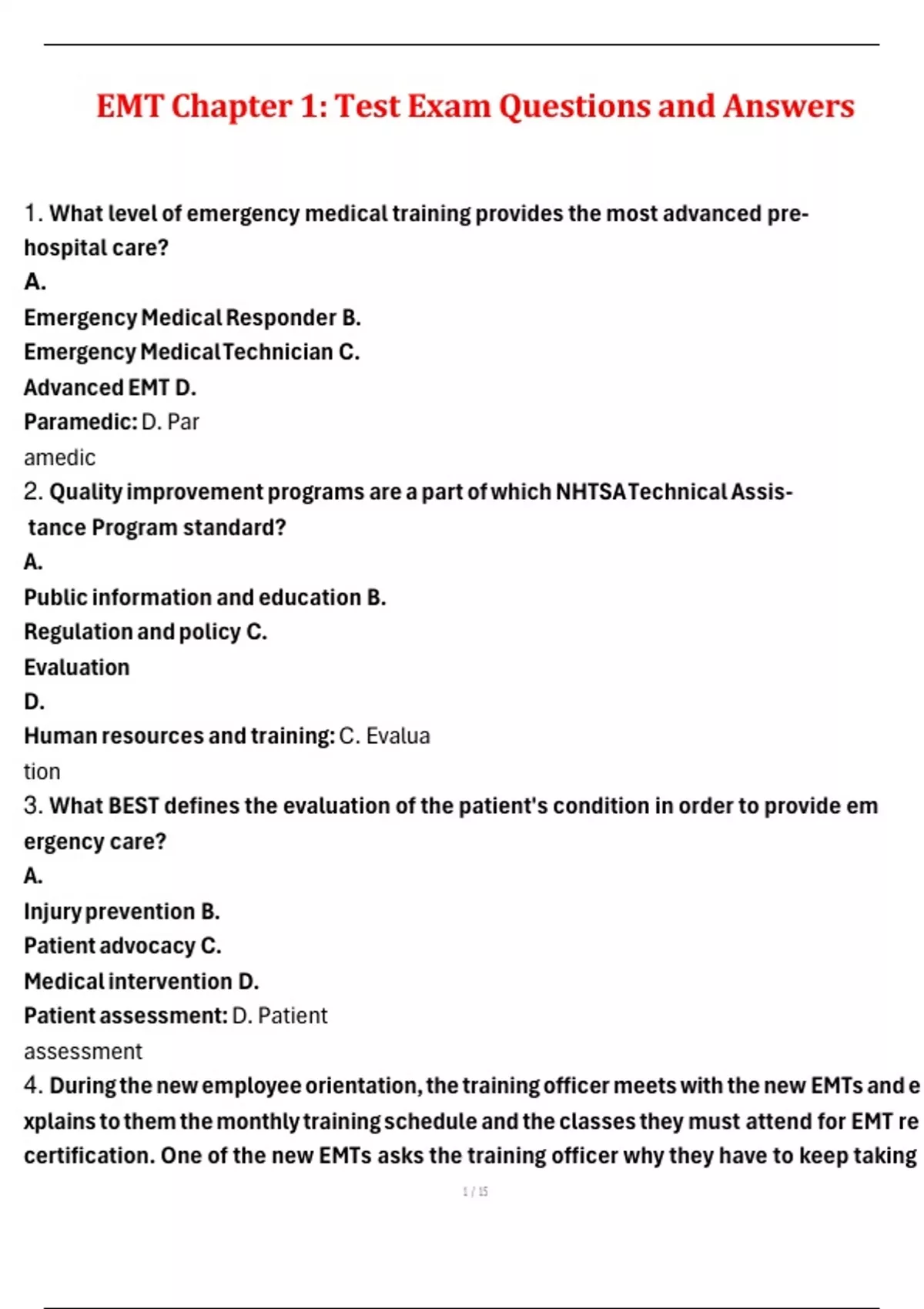 EMT Chapter 1: Test Exam Questions and Answers - EMT - Stuvia US