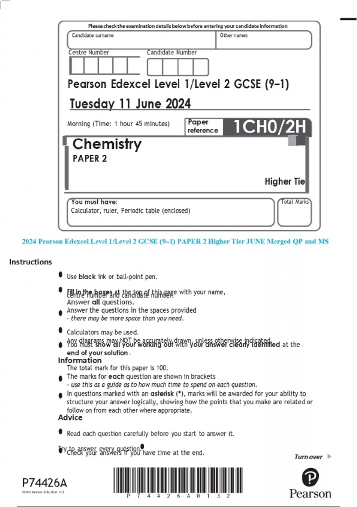 2024 Pearson Edexcel Level 1/Level 2 GCSE (9–1) PAPER 2 Higher Tier ...