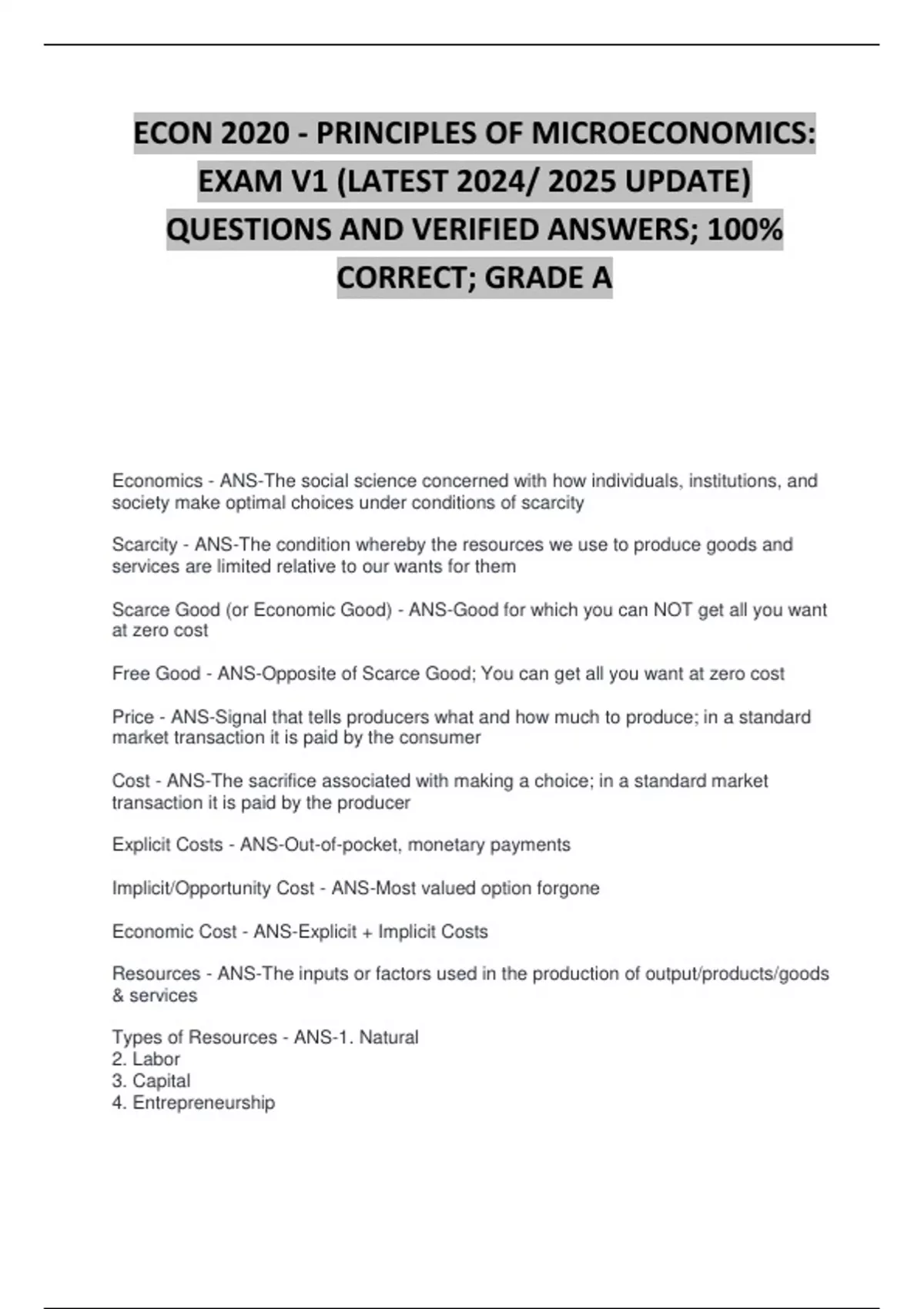 ECON 2020 - PRINCIPLES OF MICROECONOMICS; EXAM V1 (LATEST UPDATE ...