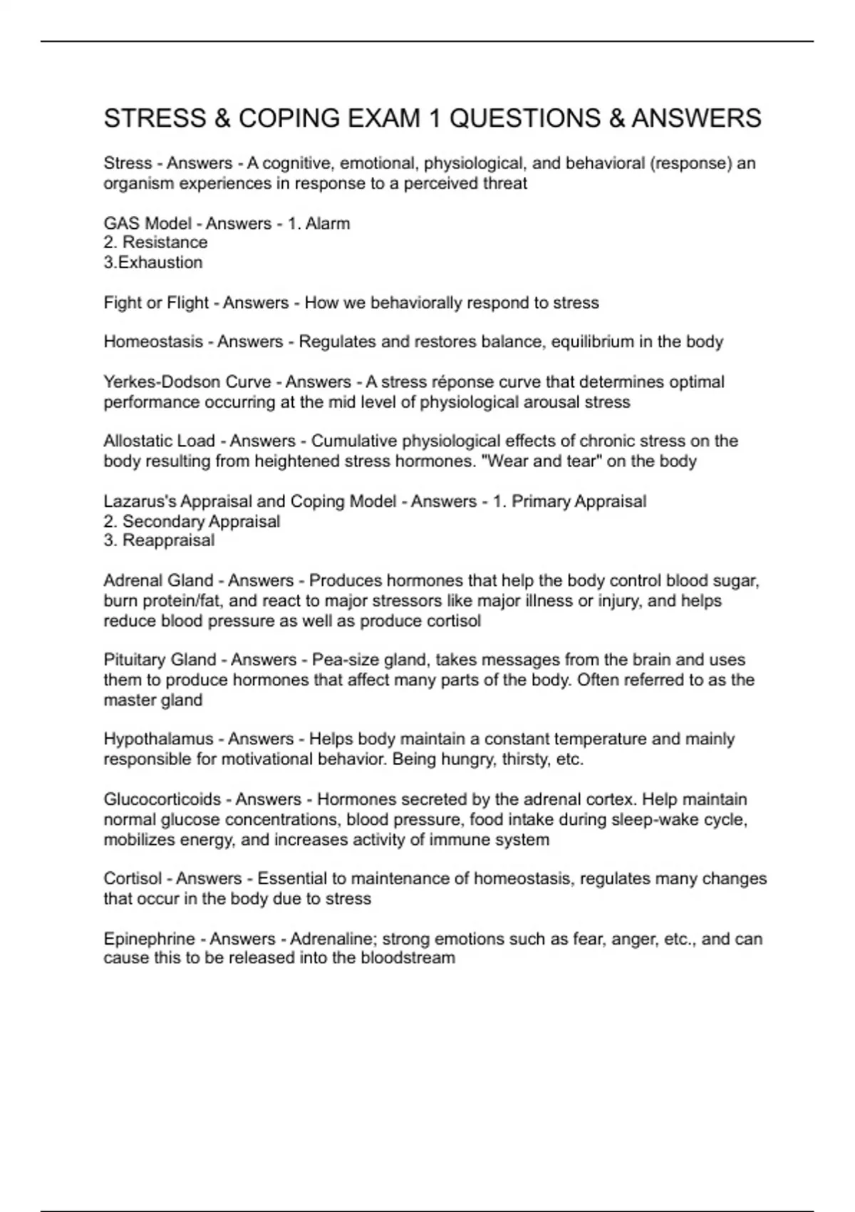 STRESS & COPING EXAM 1 QUESTIONS & ANSWERS - STRESS AND COPING - Stuvia US