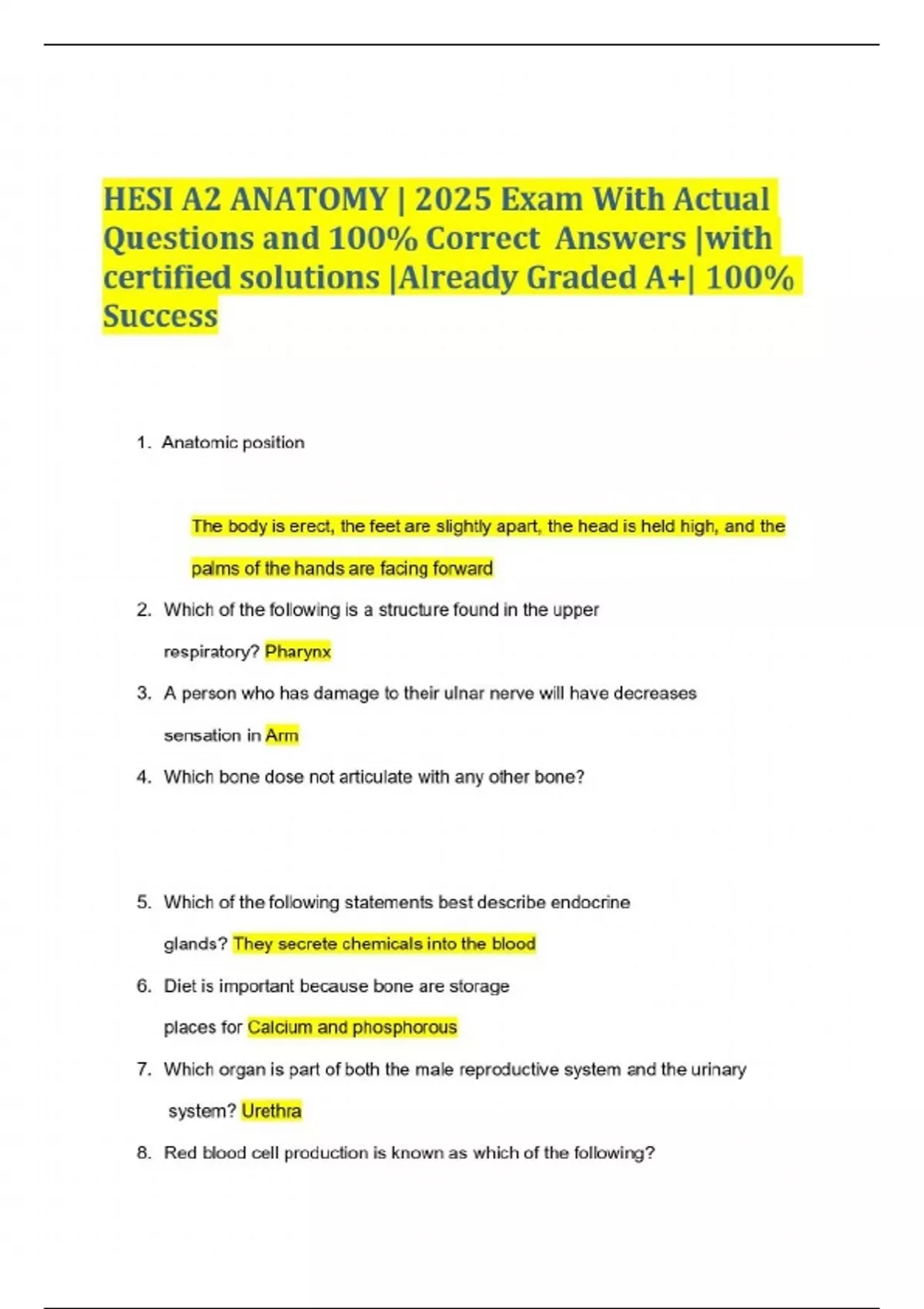 HESI A2 ANATOMY | 2025 Exam With Actual Questions and 100% Correct ...
