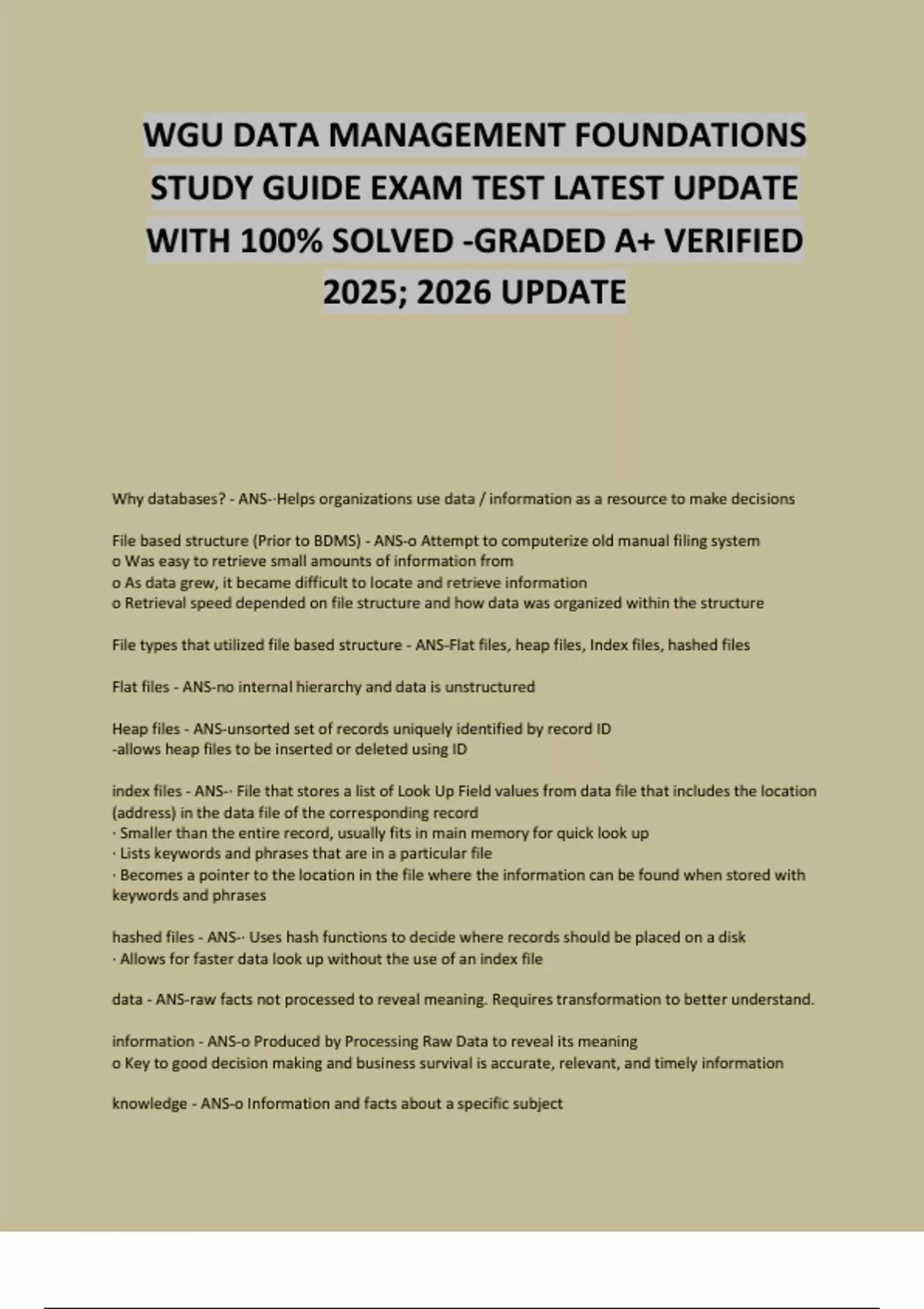 WGU DATA MANAGEMENT FOUNDATIONS STUDY GUIDE EXAM TEST LATEST UPDATE ...