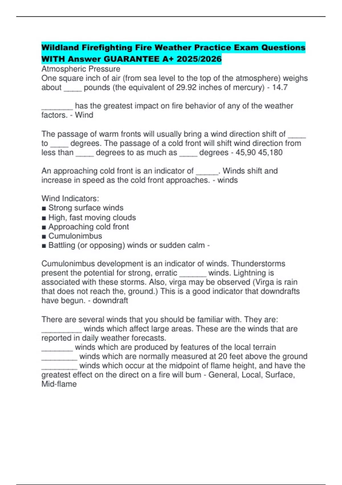 Wildland Firefighting Fire Weather Practice Exam Questions WITH Answer ...