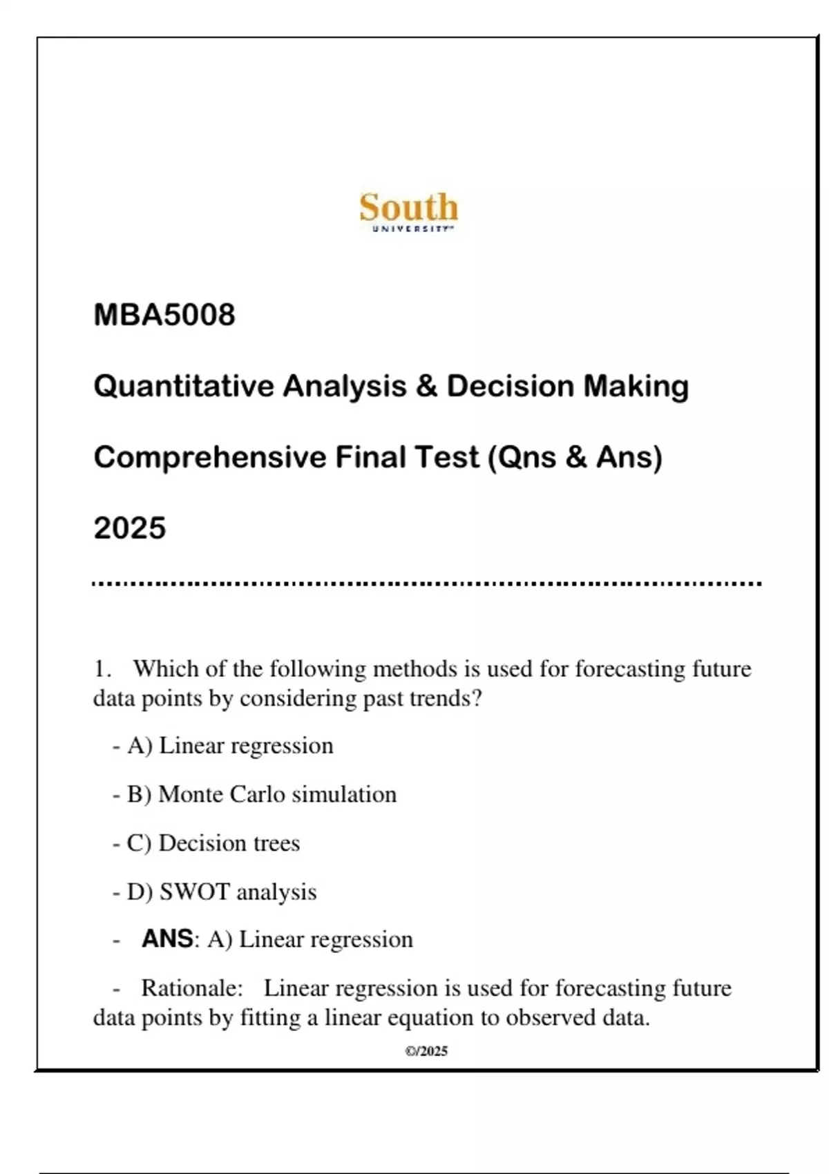 MBA5008 (SU) Quantitative Analysis & Decision Making Final Test (Qns ...