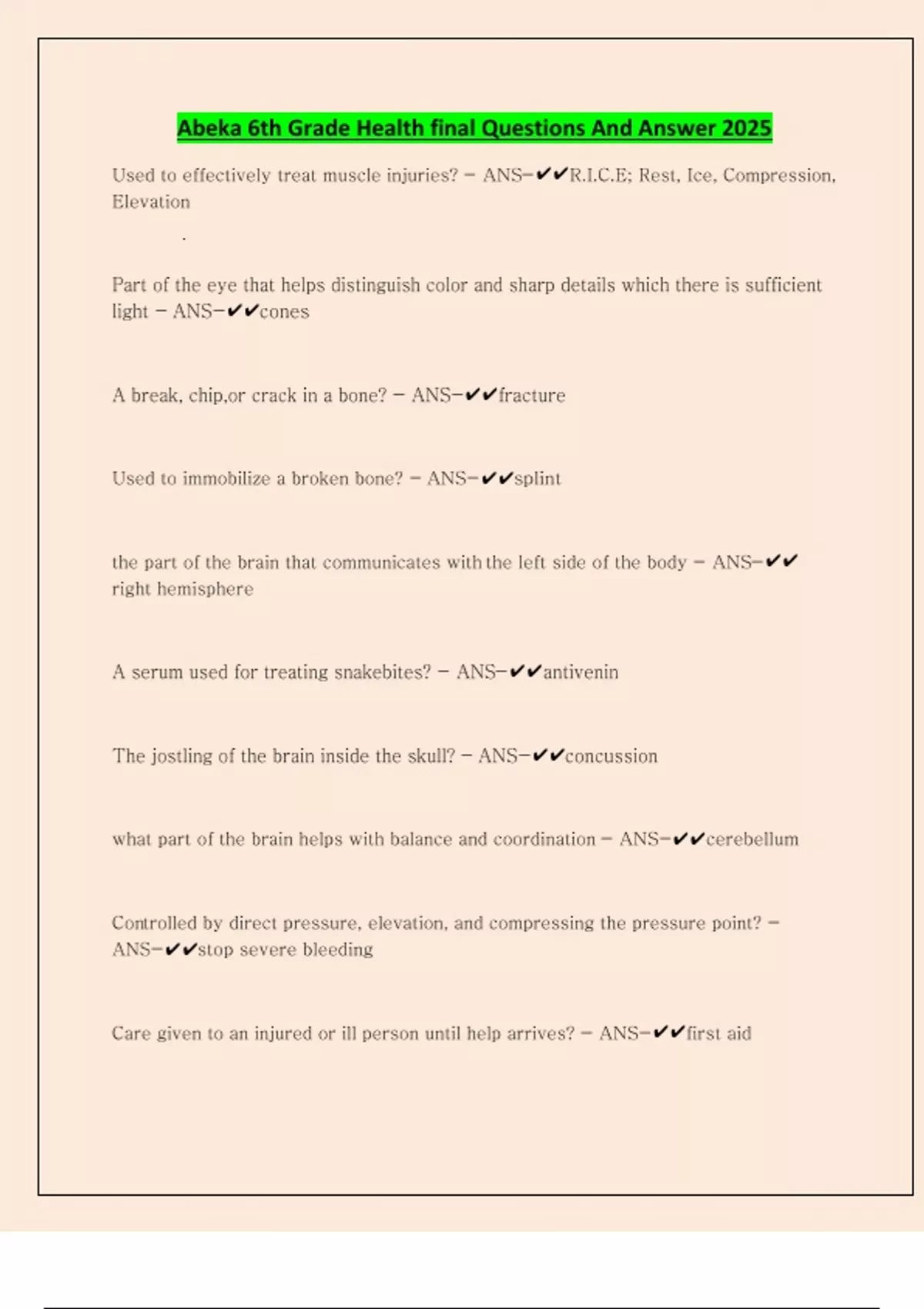 Abeka 6th Grade Health final Questions And Answer 2025 - Abeka 6th ...