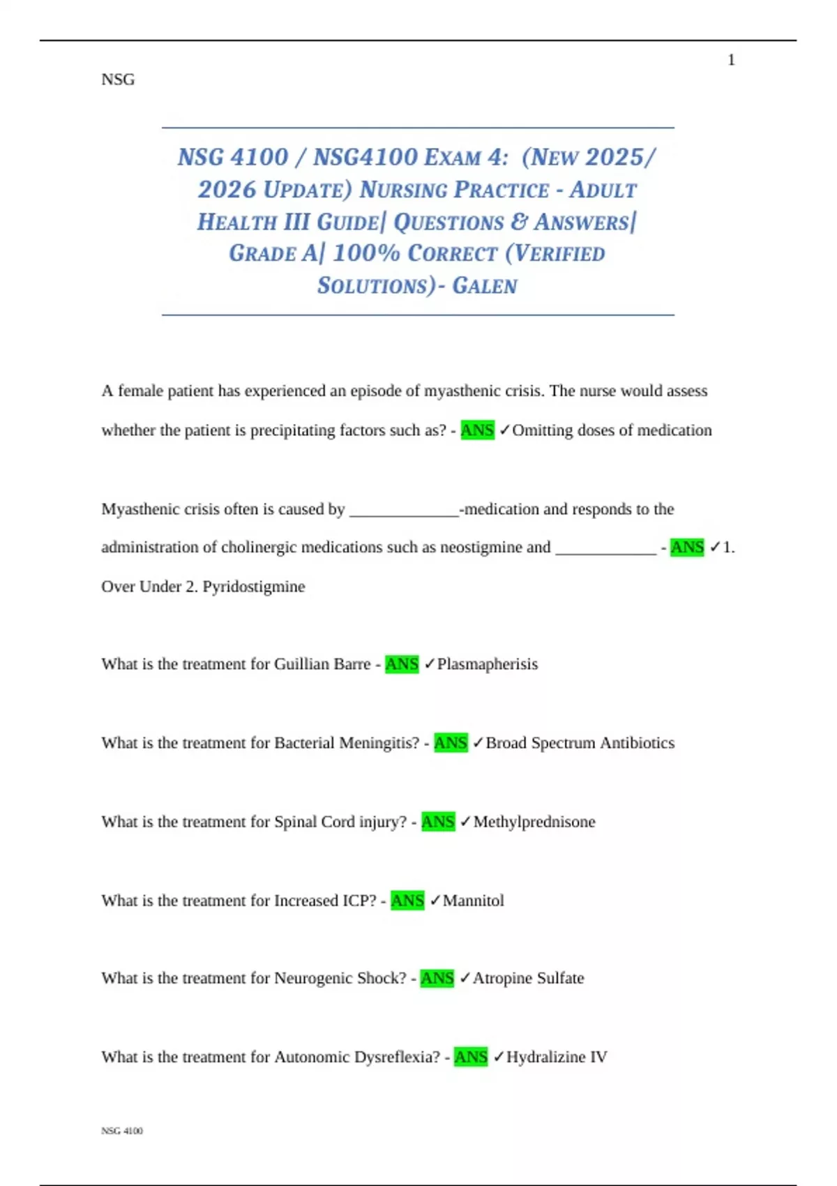NSG 4100 / NSG4100 EXAM 4: (NEW 2025/ 2026 UPDATE) NURSING PRACTICE ...
