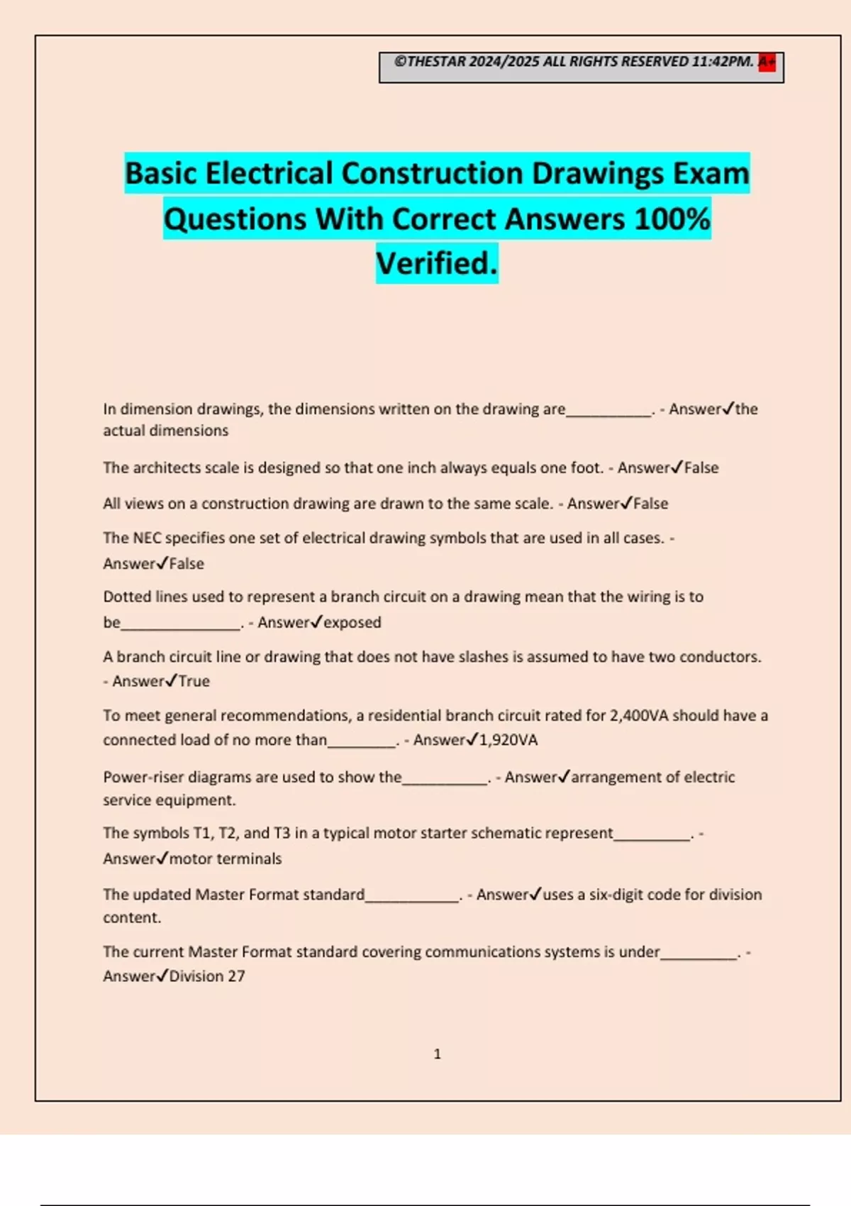 Basic Electrical Construction Drawings Exam Questions With Correct ...