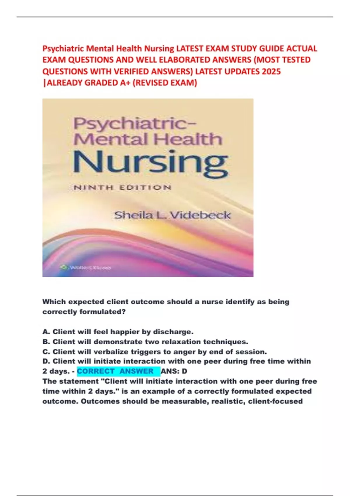 Psychiatric Mental Health Nursing LATEST EXAM STUDY GUIDE ACTUAL EXAM ...