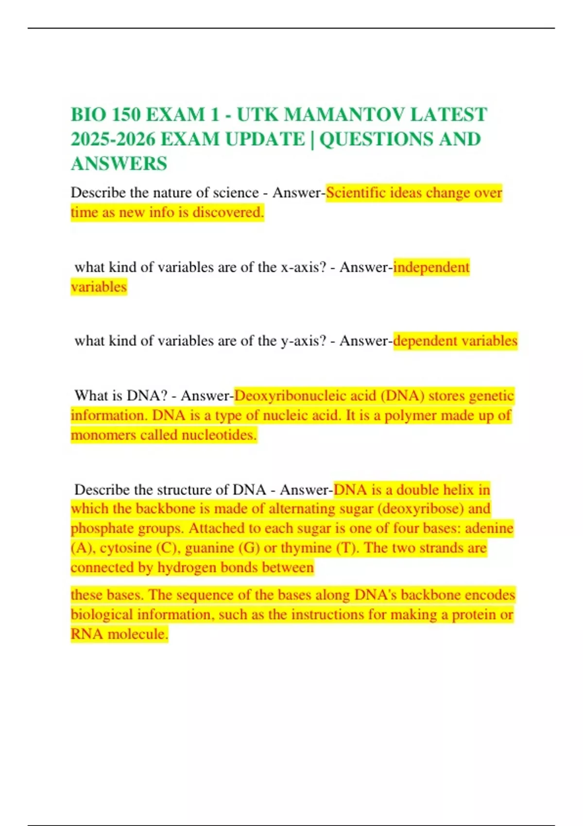 BIO 150 EXAM 1 - UTK MAMANTOV LATEST EXAM UPDATE | QUESTIONS AND ...