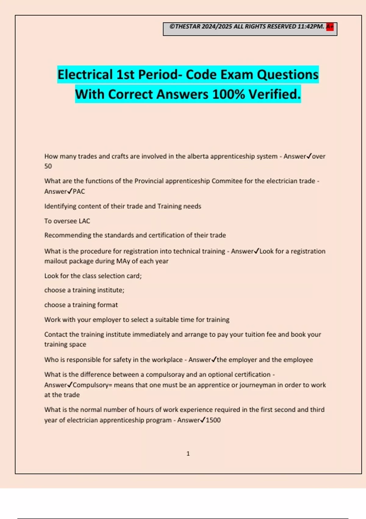 Electrical 1st Period- Code Exam Questions With Correct Answers 100% ...
