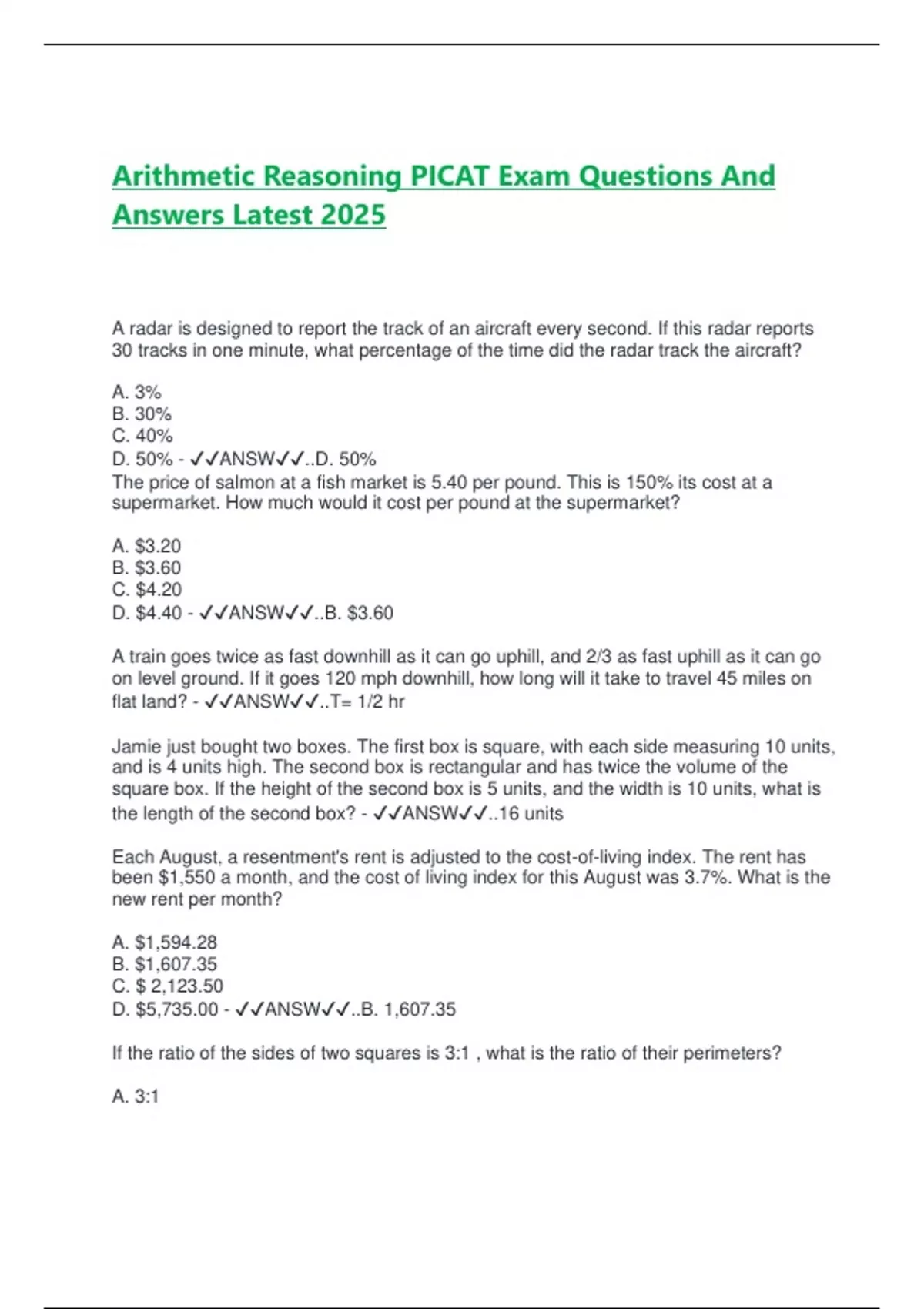Arithmetic Reasoning PICAT Exam Questions And Answers Latest 2025 A ...