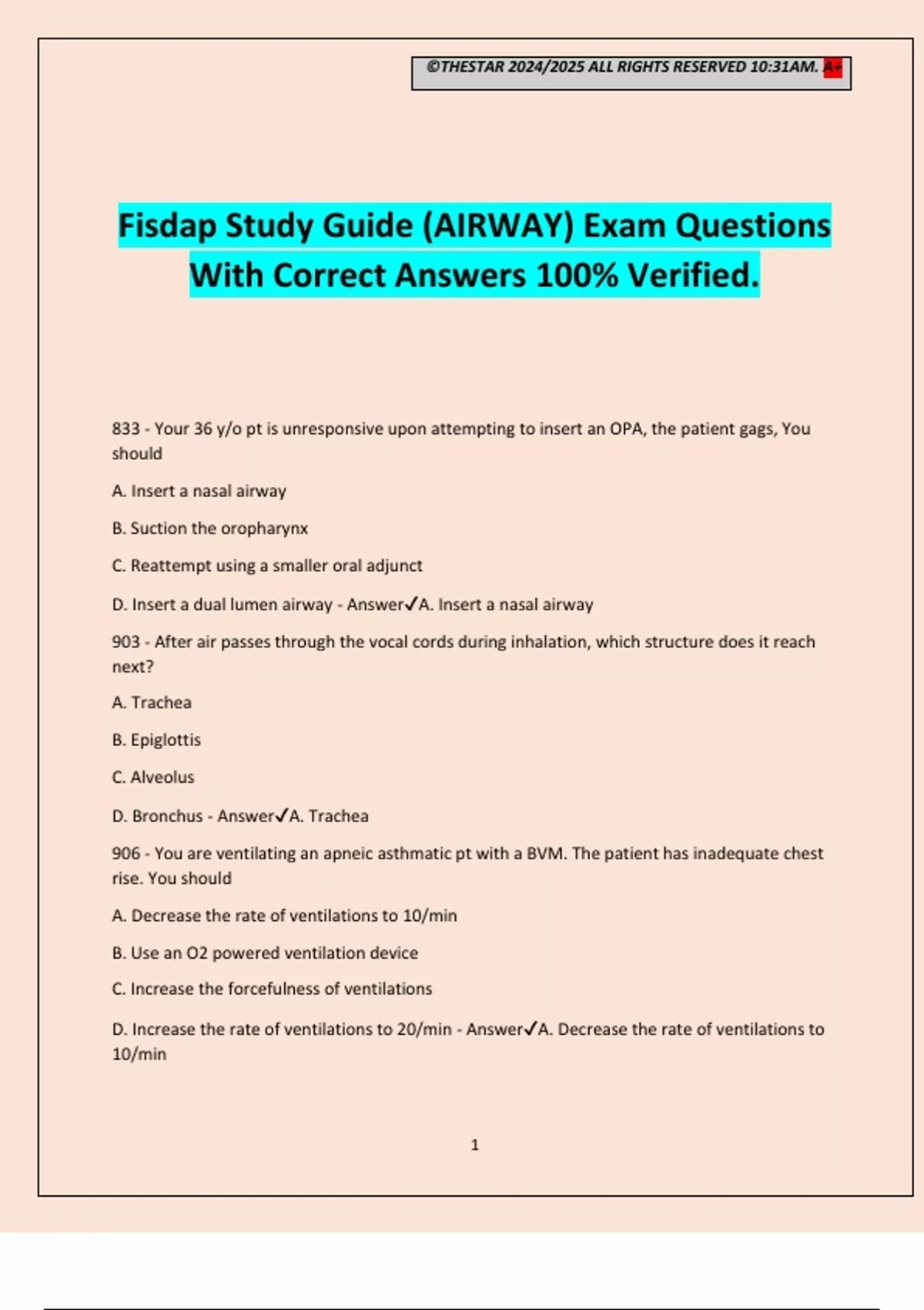 Fisdap Study Guide (AIRWAY) Exam Questions With Correct Answers 100% ...