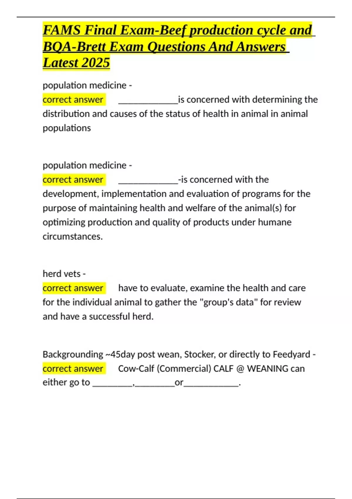 FAMS Final Exam-Beef production cycle and BQA-Brett Exam Questions And ...
