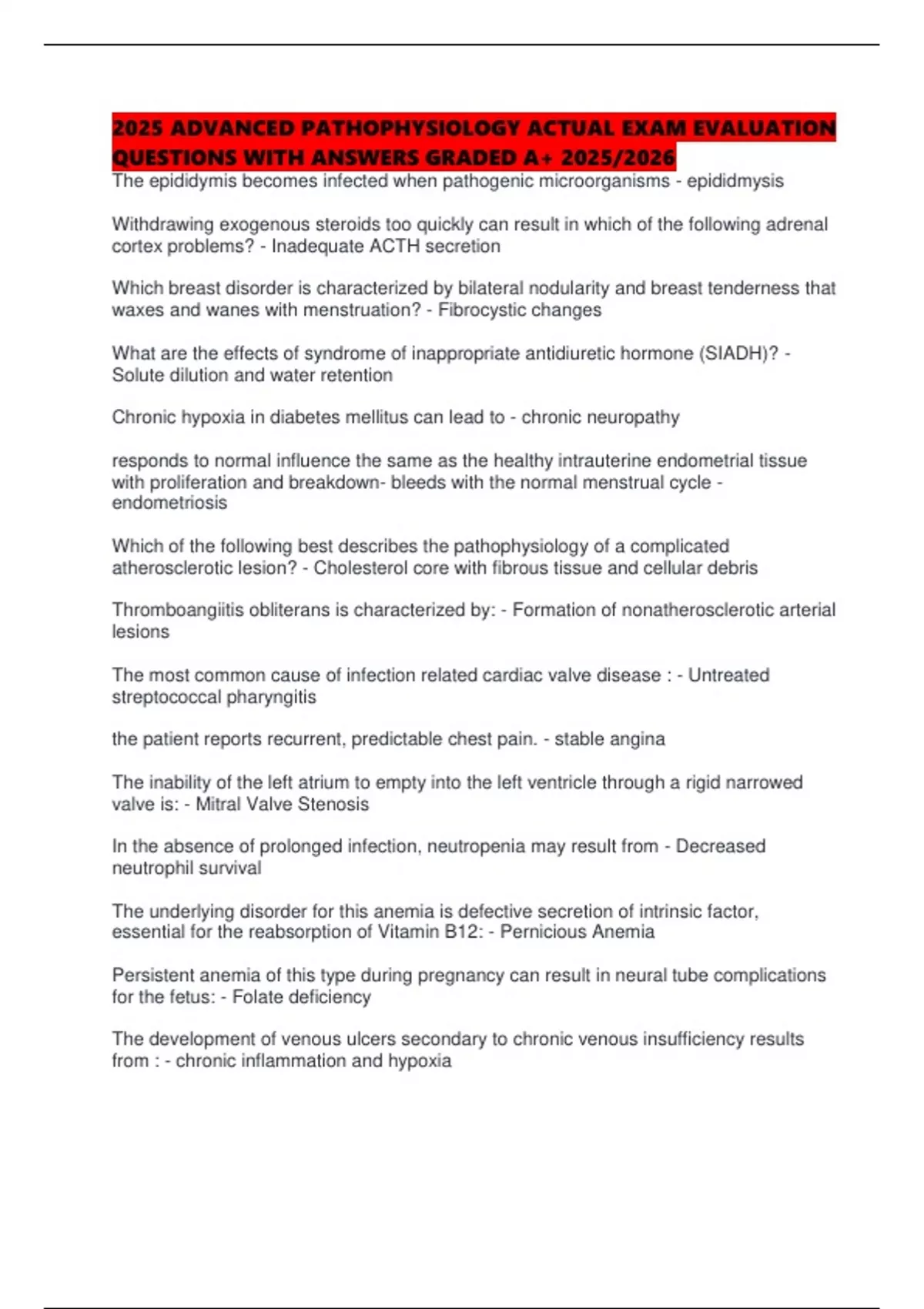 2025 ADVANCED PATHOPHYSIOLOGY ACTUAL EXAM EVALUATION QUESTIONS WITH ...