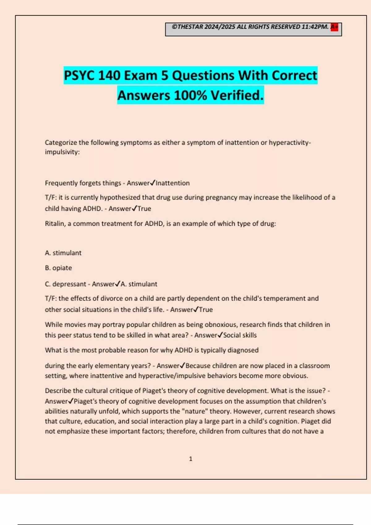 PSYC 140 Exam 5 Questions With Correct Answers 100% Verified. - Psych ...