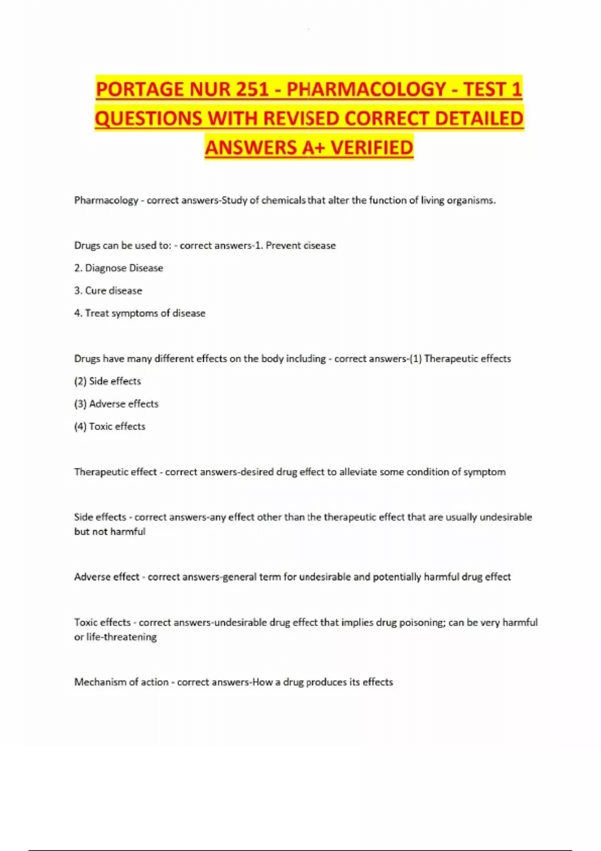 PORTAGE NUR 251 - PHARMACOLOGY - TEST 1 QUESTIONS WITH REVISED CORRECT ...