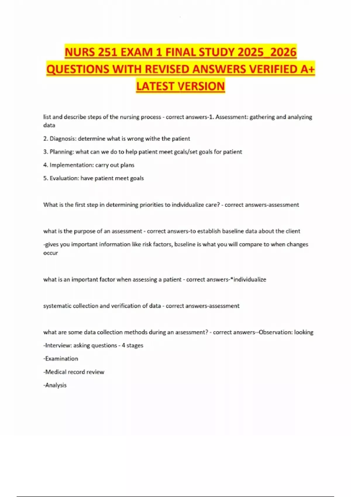 NURS 251 EXAM 1 FINAL STUDY 2025_2026 QUESTIONS WITH REVISED ANSWERS ...