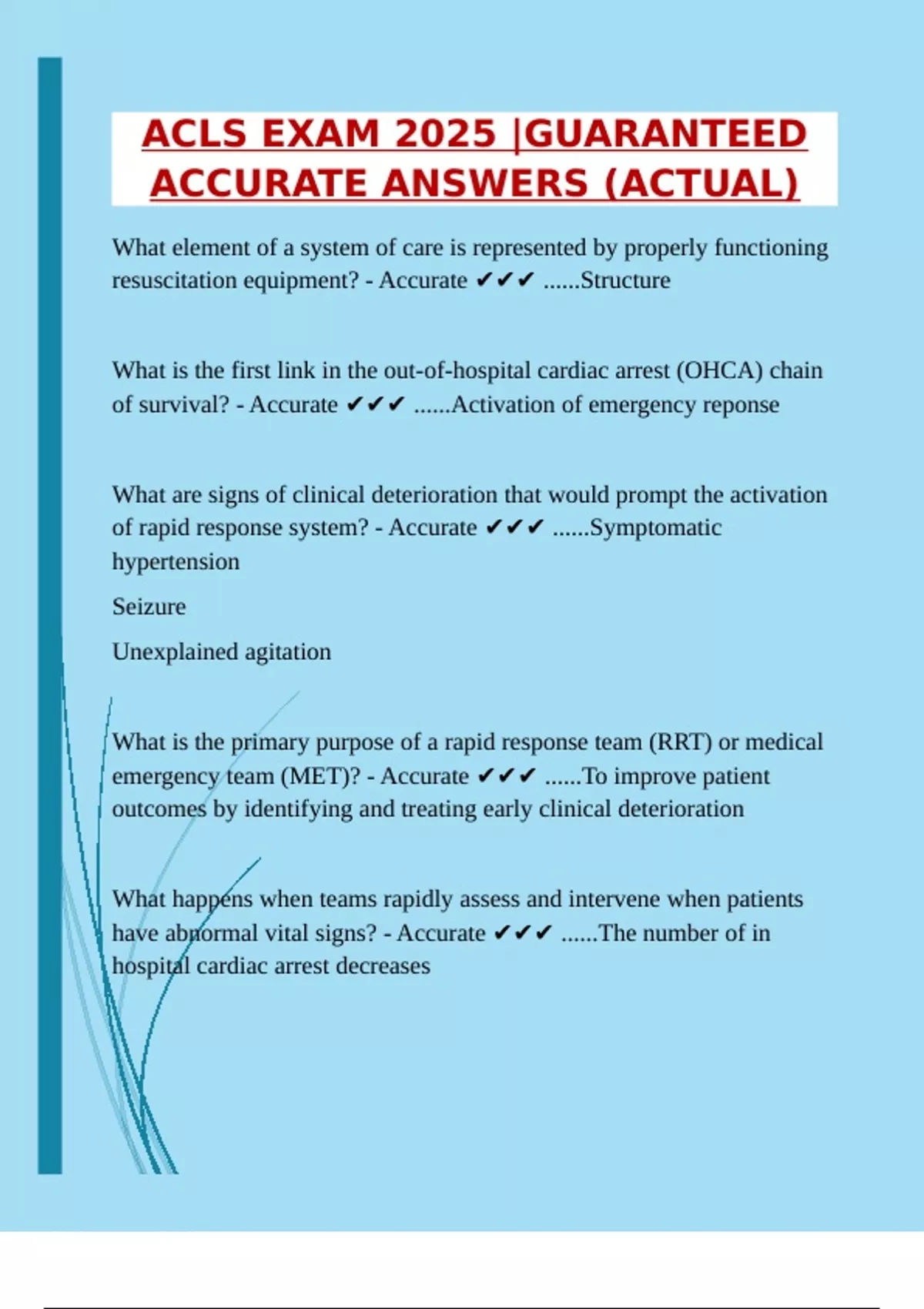 ACLS EXAM 2025 |GUARANTEED ACCURATE ANSWERS (ACTUAL) - ACLS - Stuvia US