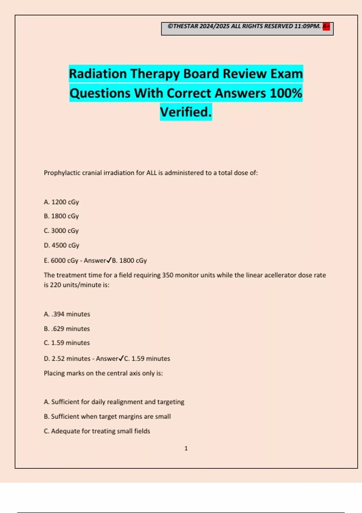 Radiation Therapy Board Review Exam Questions With Correct Answers 100% ...