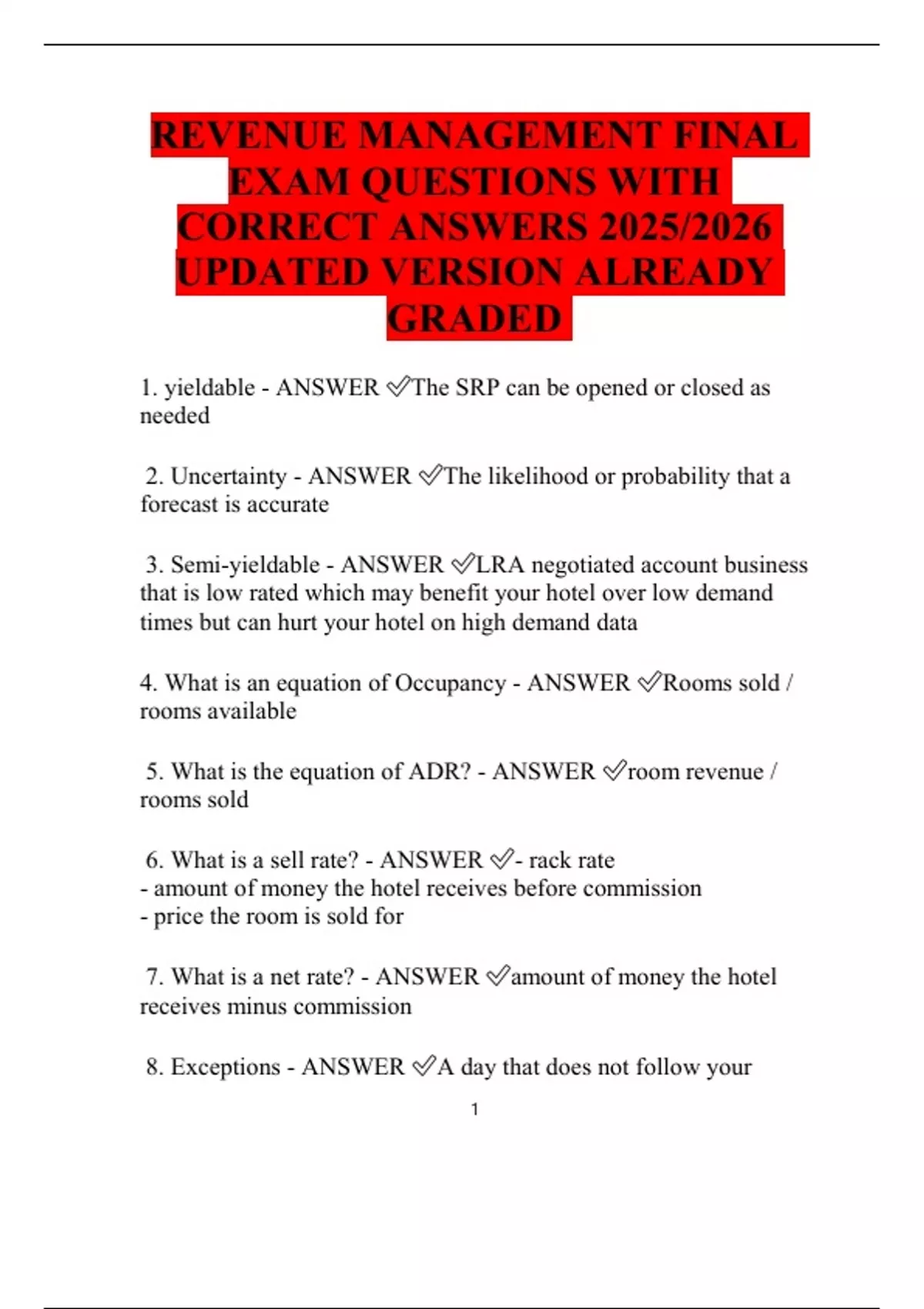 REVENUE MANAGEMENT FINAL EXAM QUESTIONS WITH CORRECT ANSWERS 2025/2026 ...
