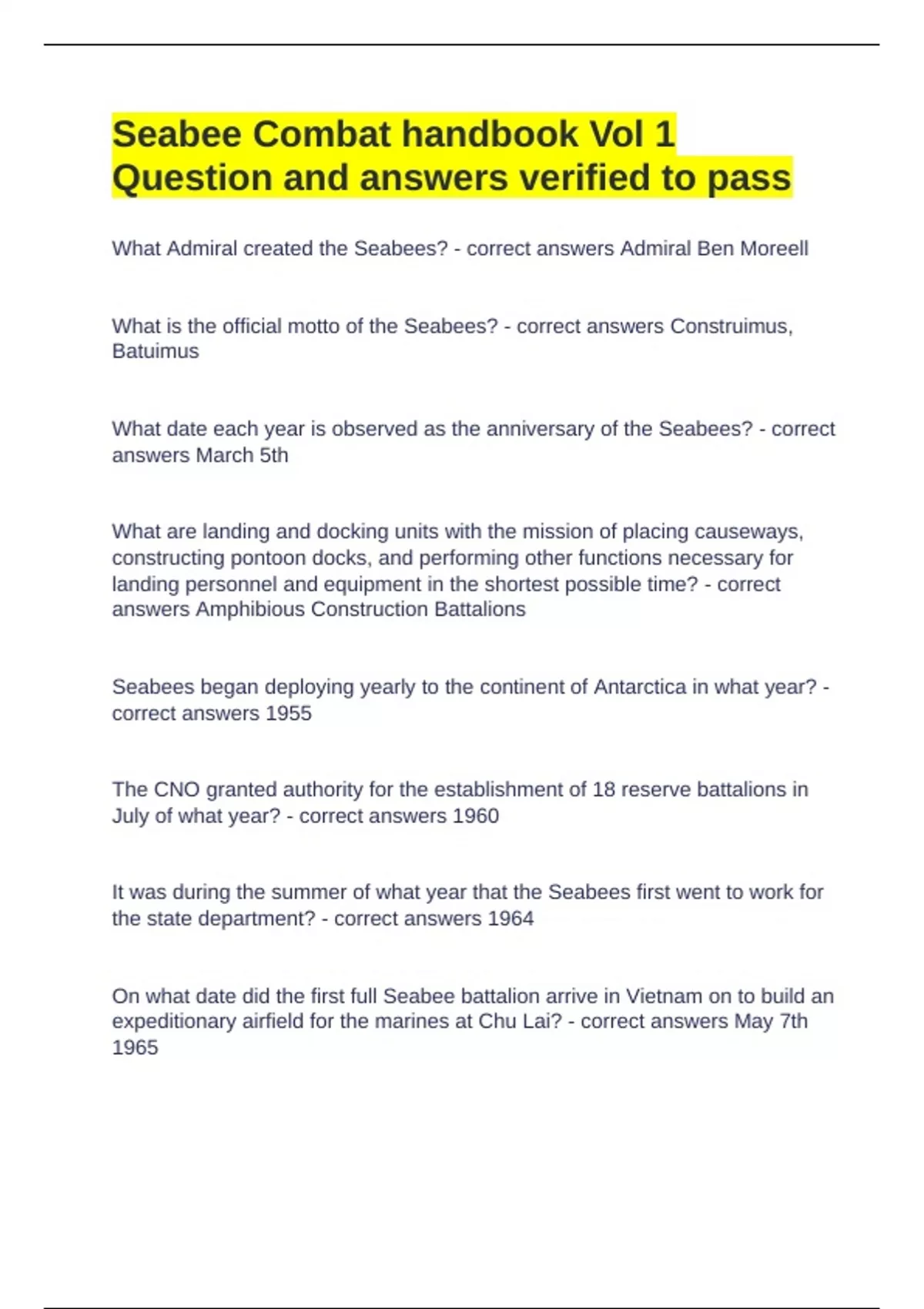 Seabee Combat handbook Vol 1 Question and answers verified to pass - SEABEE - Stuvia US