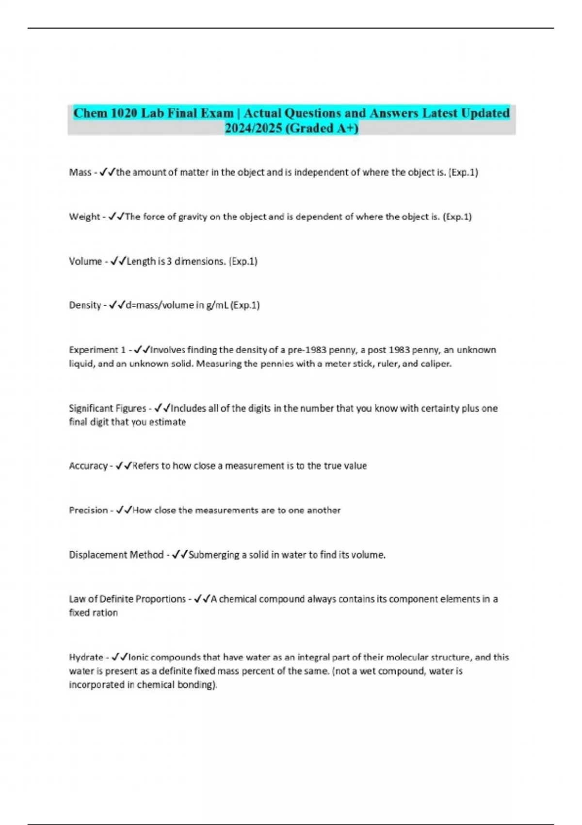 Chem 1020 Lab Final Exam | Actual Questions and Answers Latest Updated ...