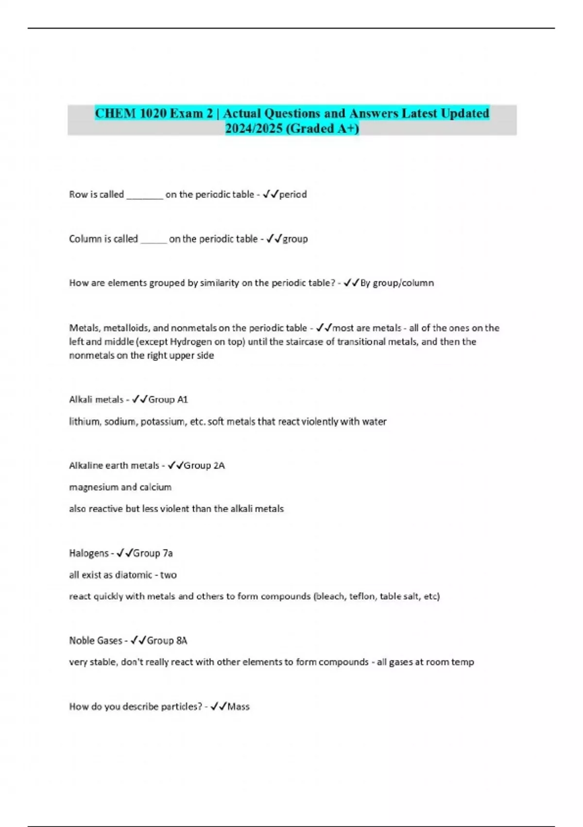 CHEM 1020 Exam 2 | Actual Questions and Answers Latest Updated 2024/ ...