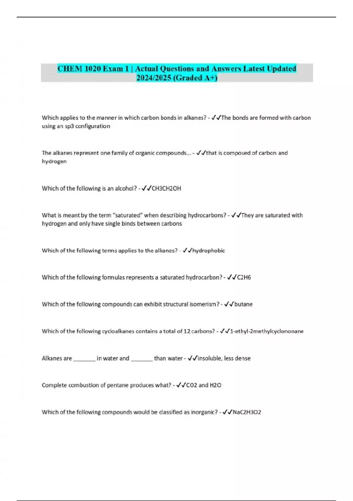 CHEM 1020 Exam 1 | Actual Questions and Answers Latest Updated 2024/ ...